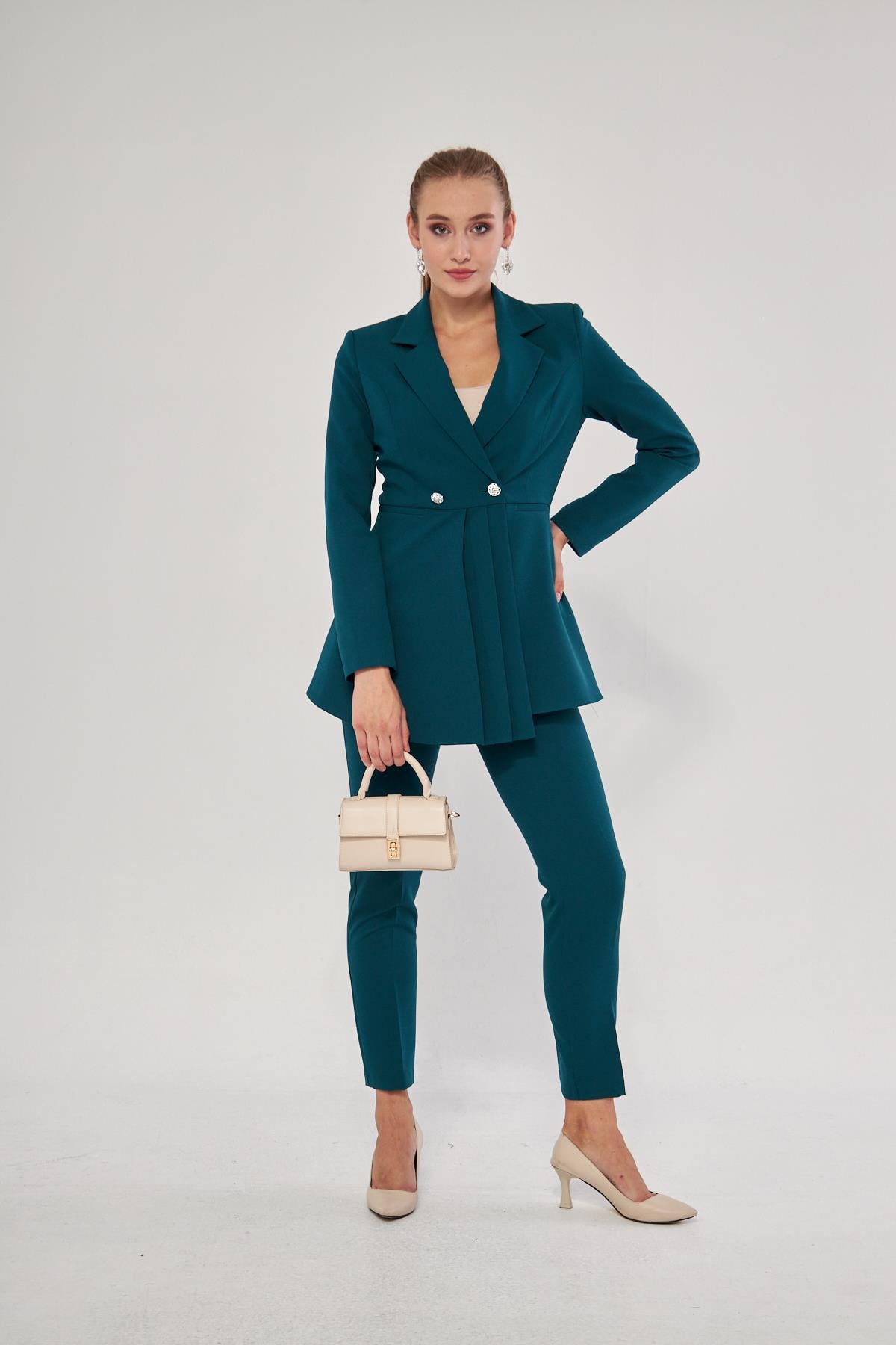 Pile Detay 2 Düğme Takım Zümrüt