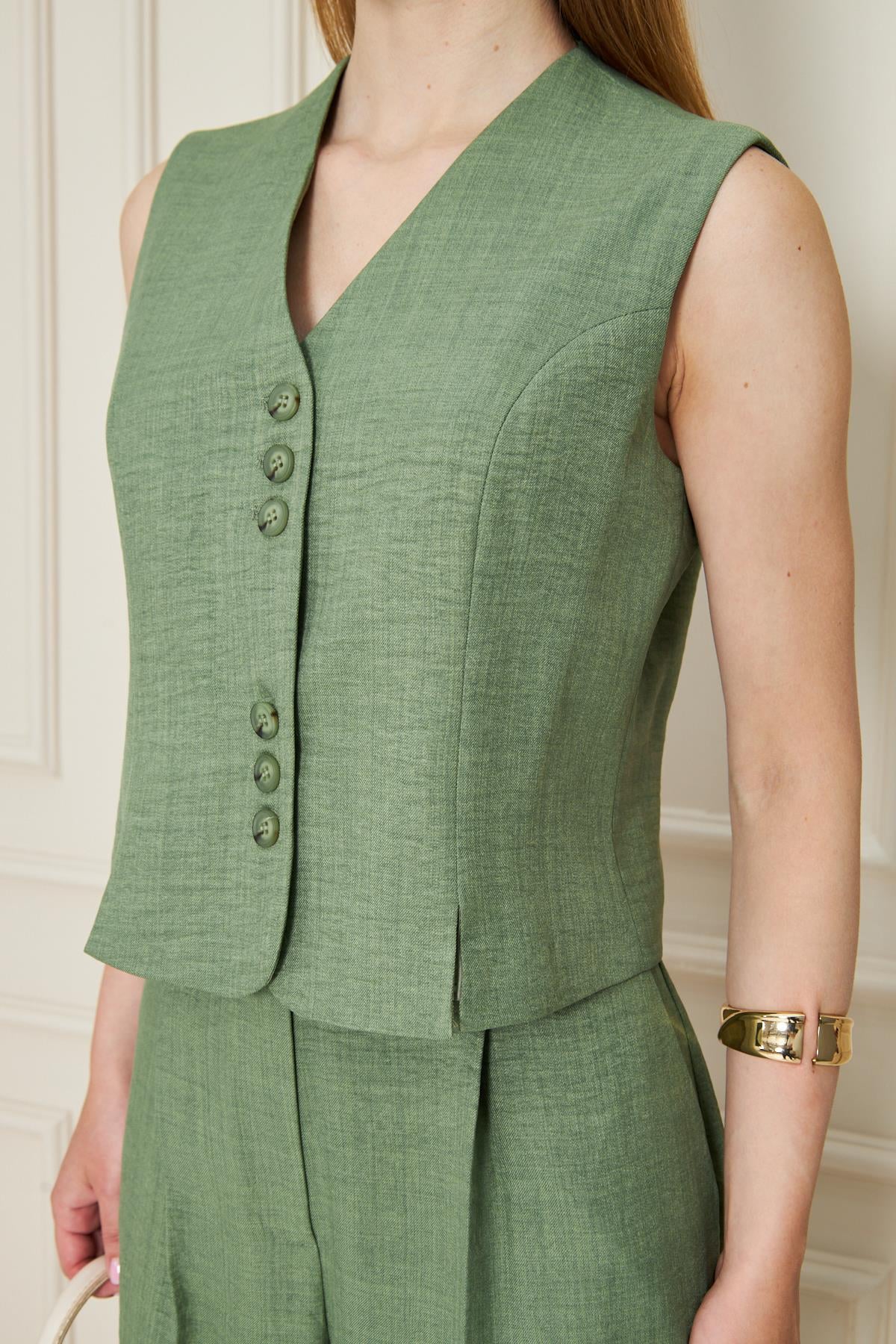 SheBoss Keten Yelekli Takım Haki