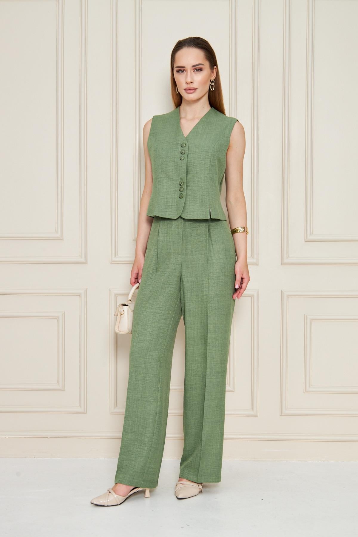 SheBoss Keten Yelekli Takım Haki