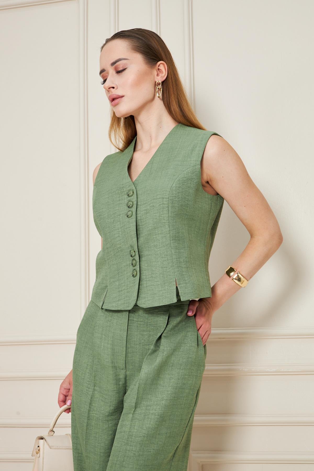 SheBoss Keten Yelekli Takım Haki