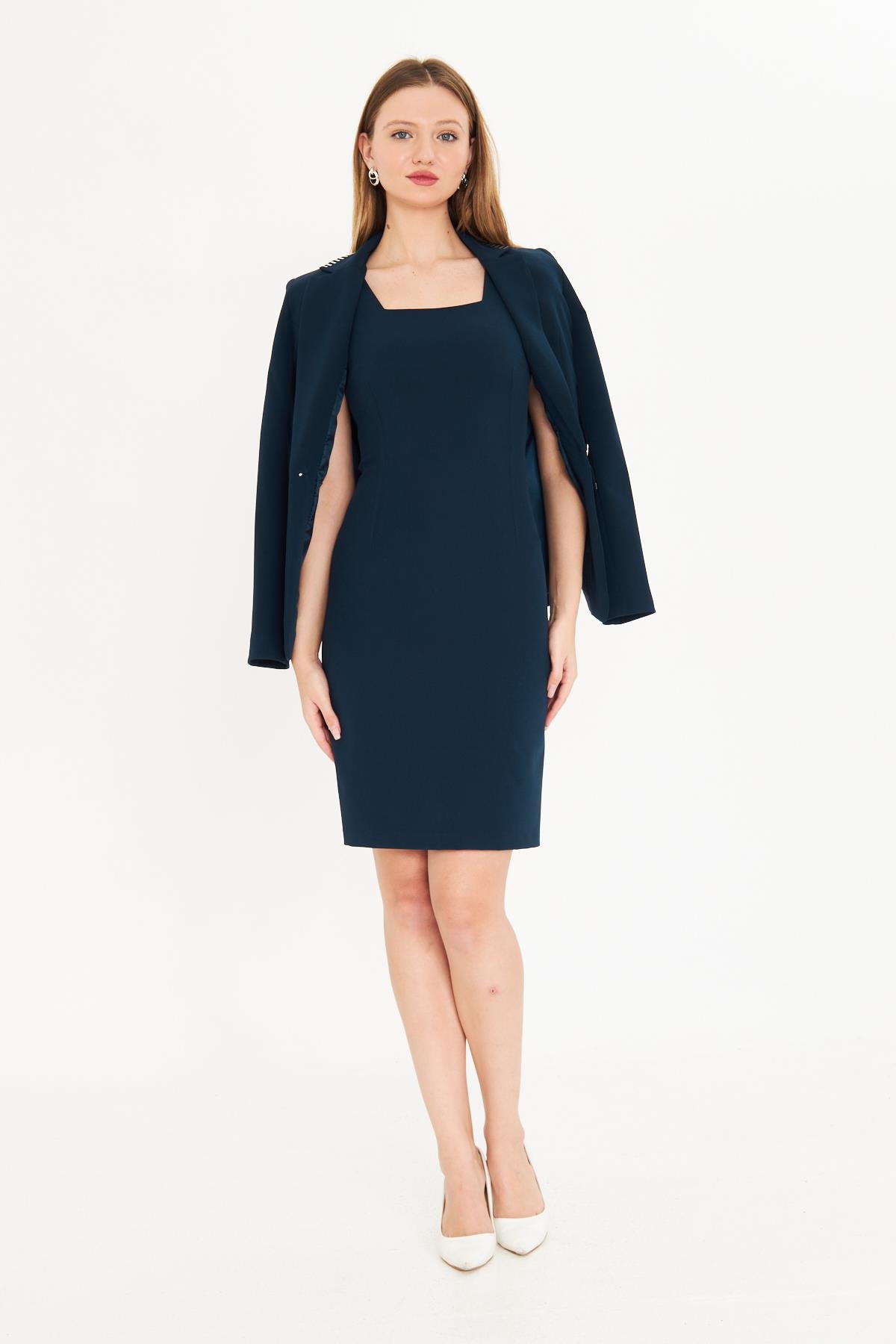 Taş Detaylı Elbiseli Ceket Takım Lacivert