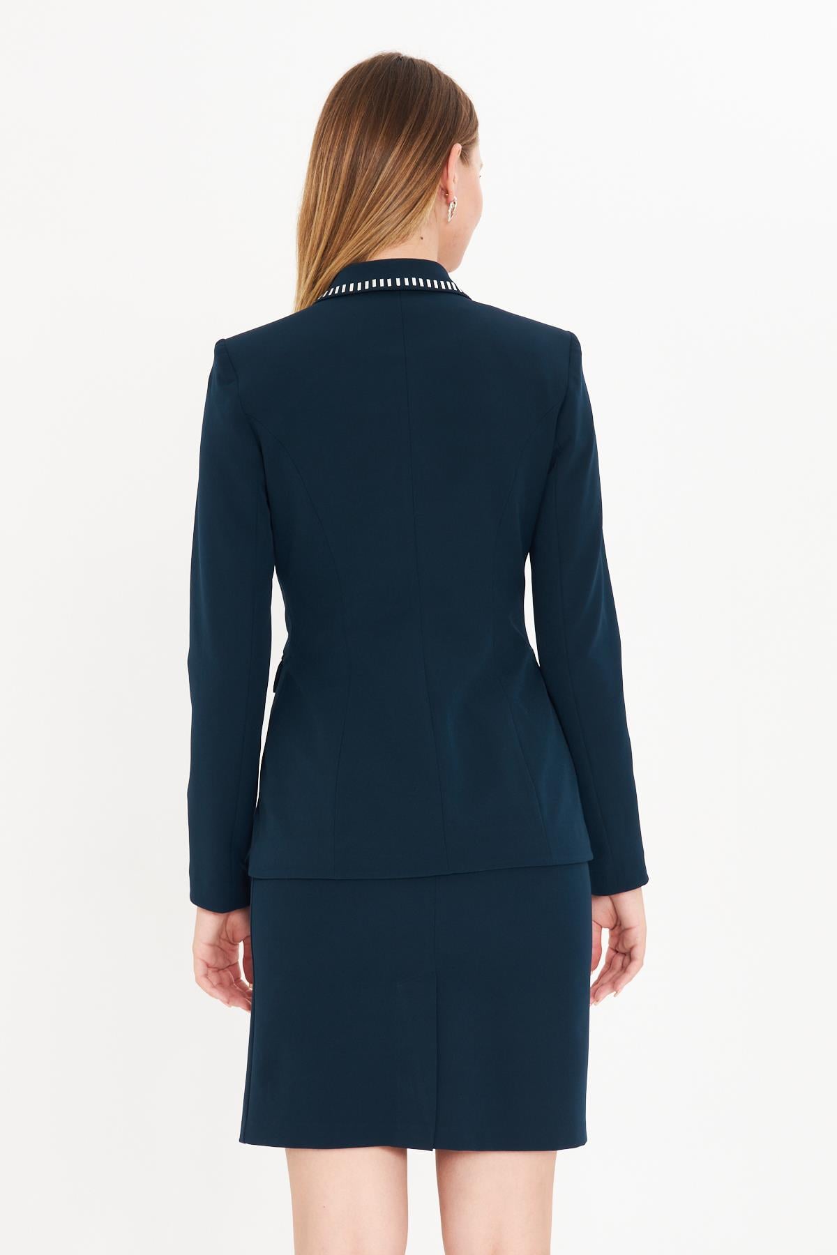 Taş Detaylı Elbiseli Ceket Takım Lacivert