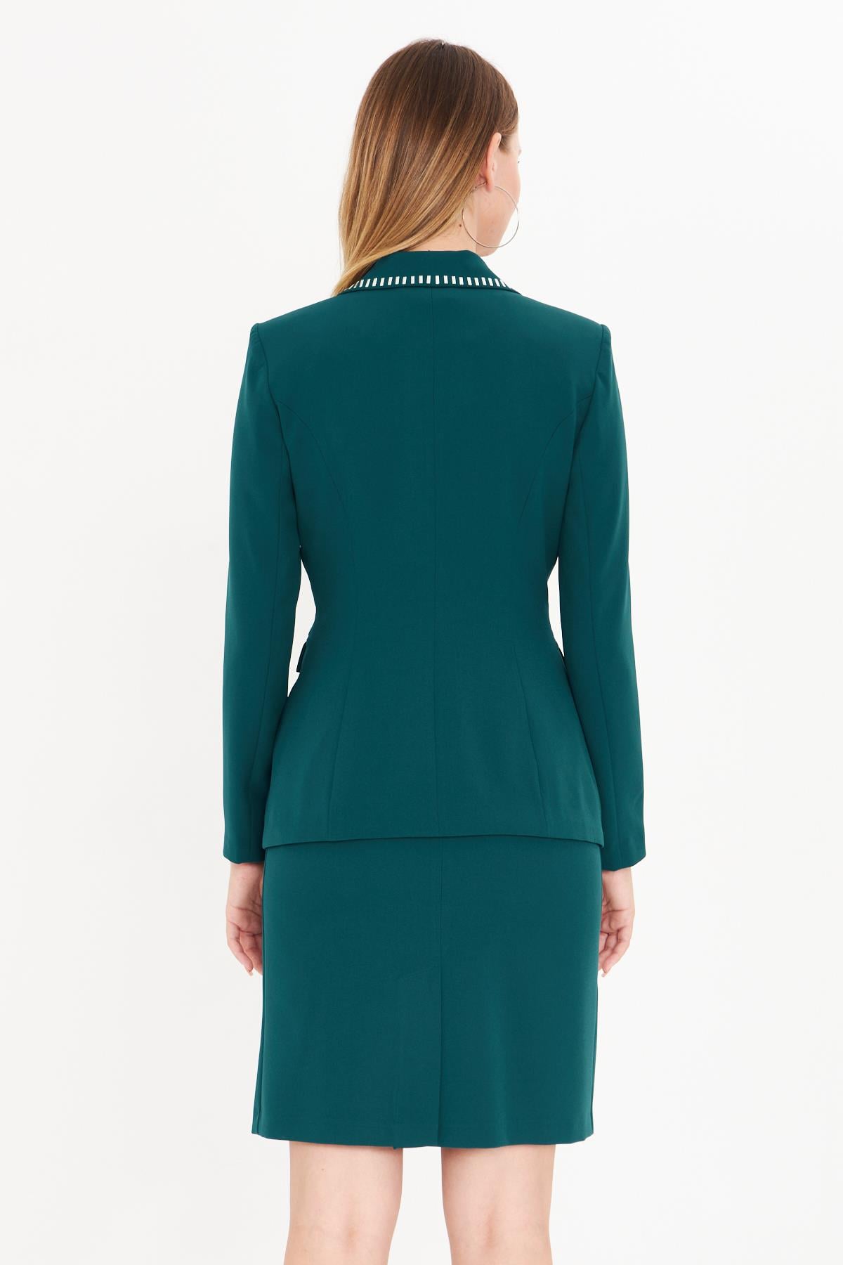 Taş Detaylı Elbiseli Ceket Takım Zümrüt