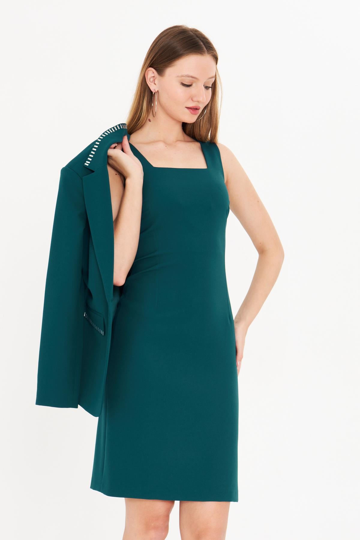 Taş Detaylı Elbiseli Ceket Takım Zümrüt
