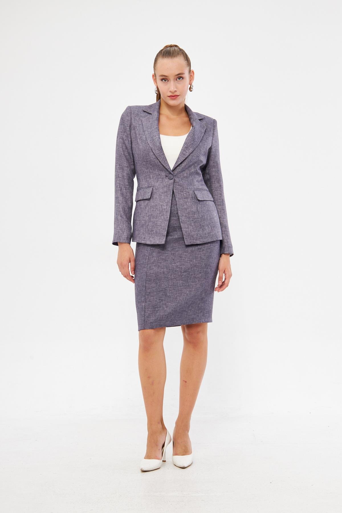 Tek Düğme Yün Efekt Etekli Takım Antrasit