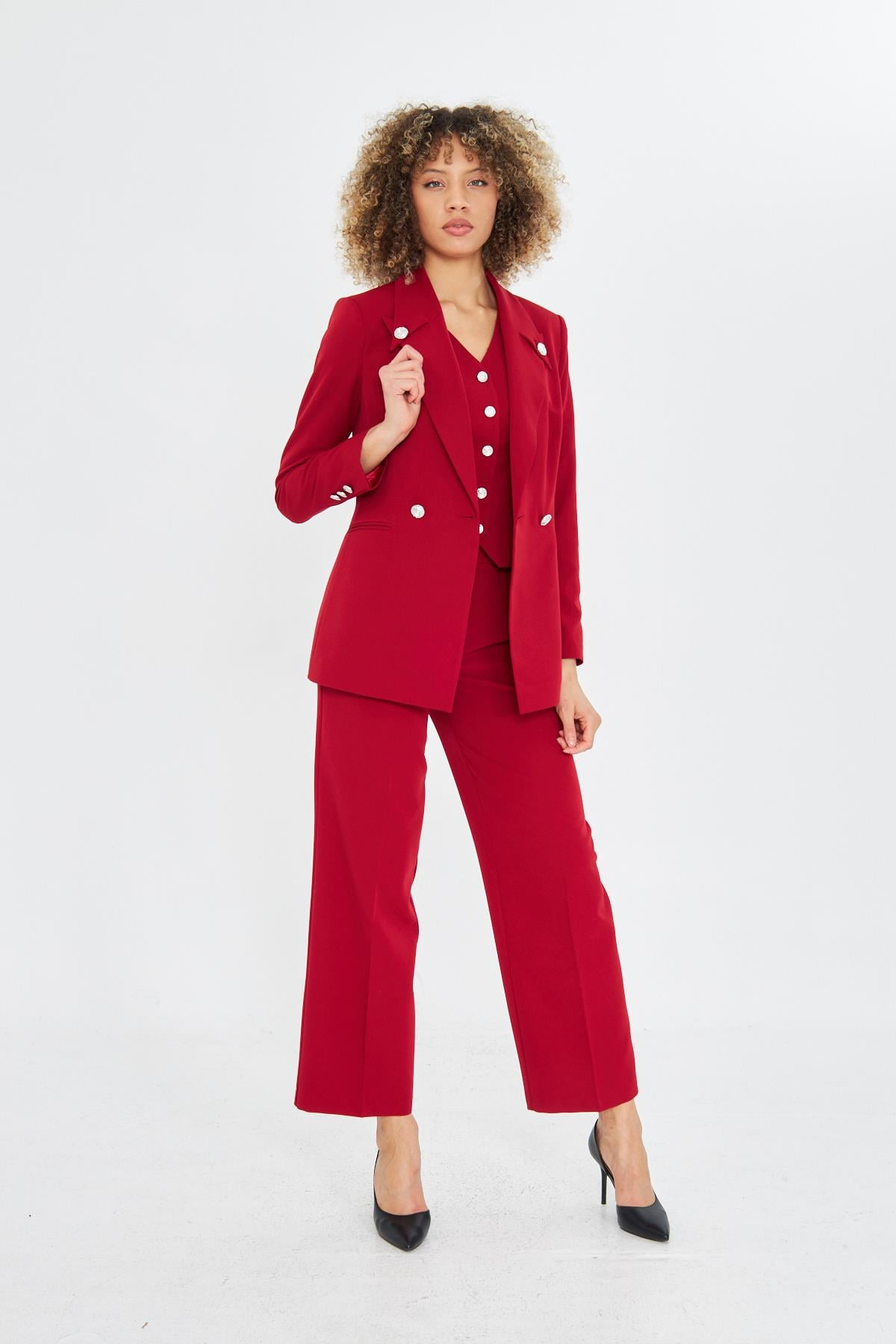 Yakası Düğme Detaylı 3lü Takım Kırmızı