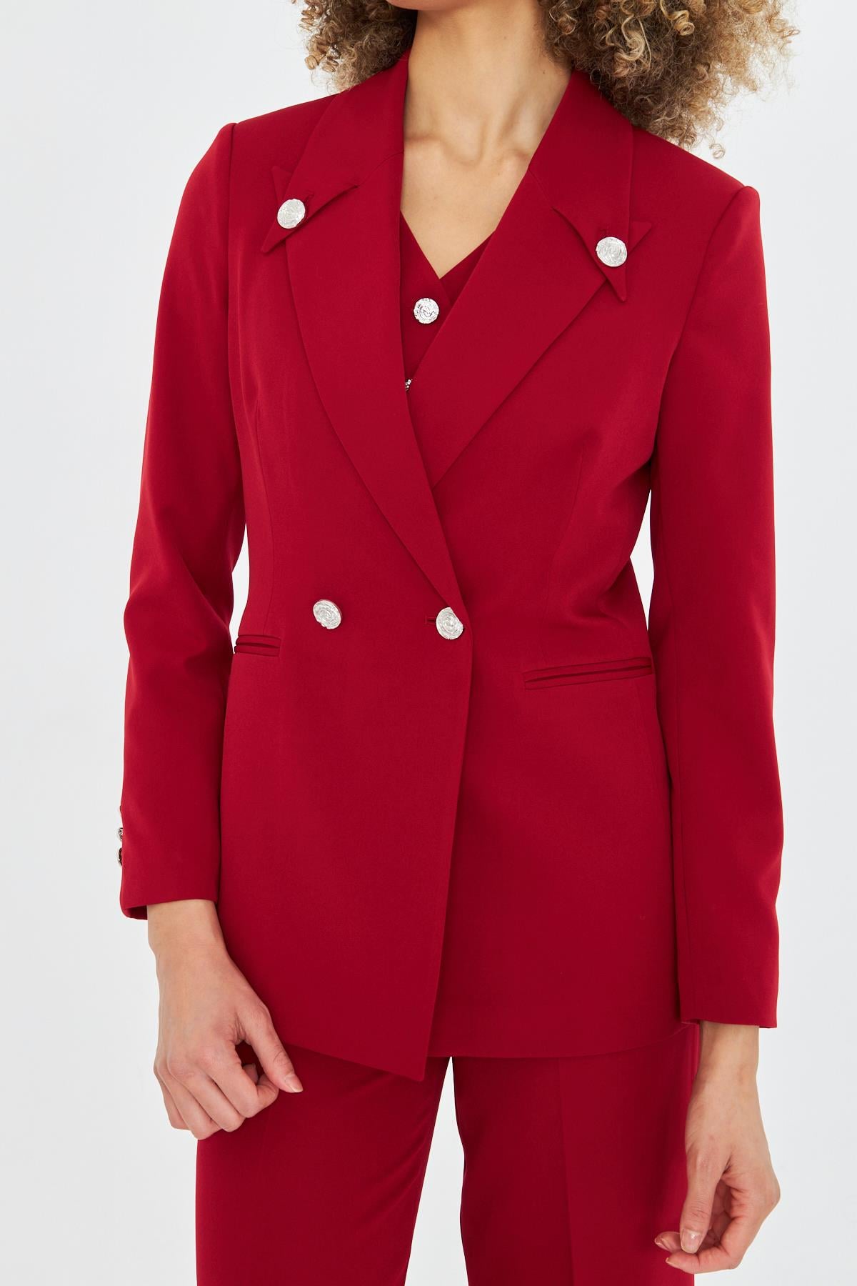 Yakası Düğme Detaylı 3lü Takım Kırmızı