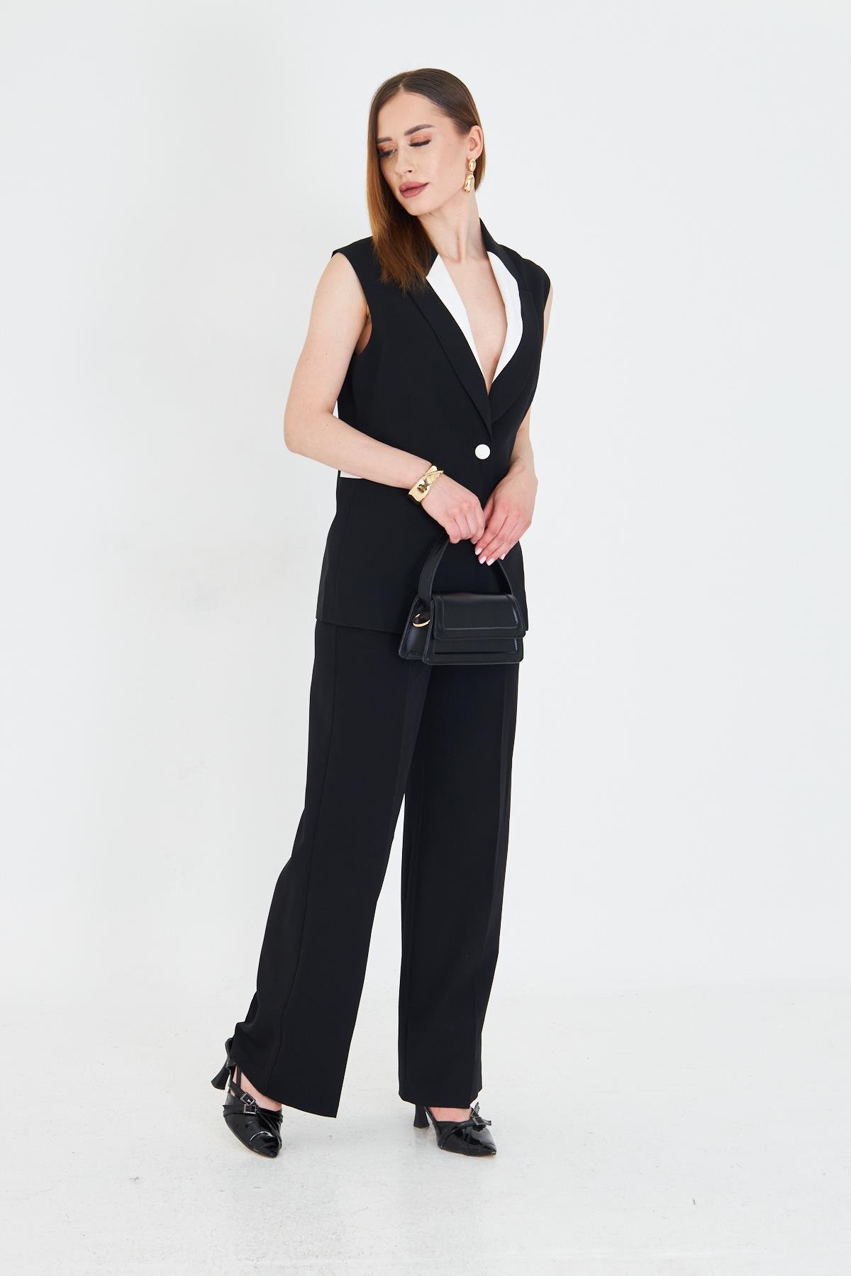 Yakası Garni Detay Yelek Takım Siyah