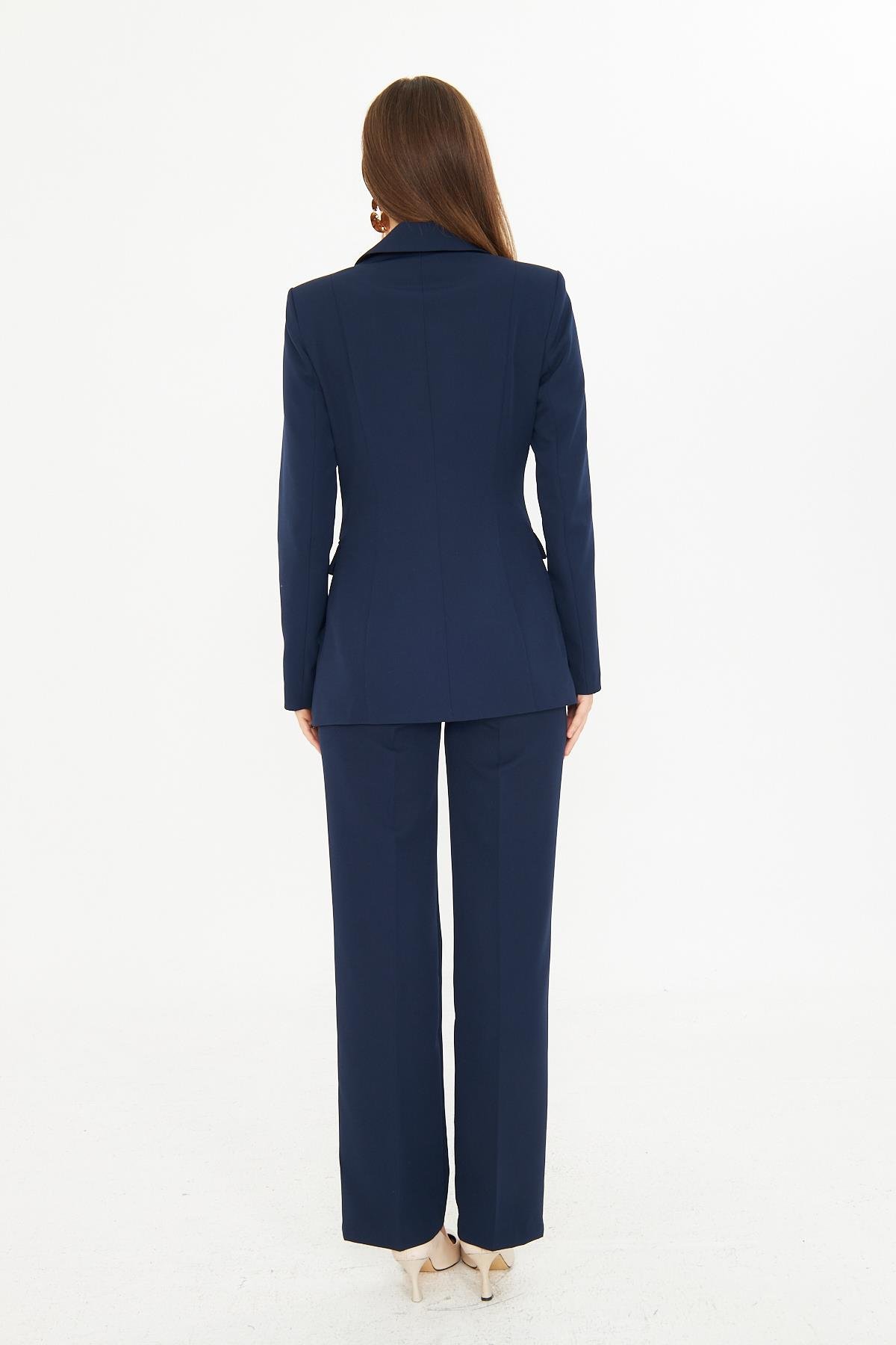 Yelek Detaylı 3 Gold Düğme Takım Lacivert