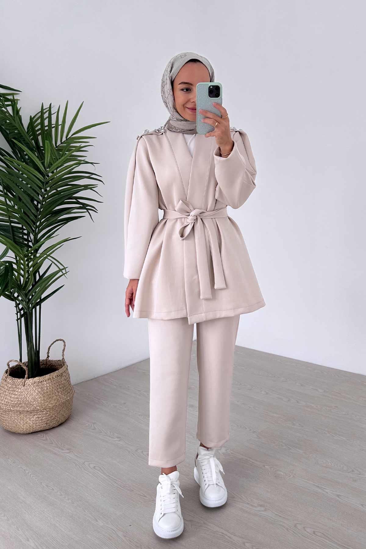 Omuz Detay İkili Kimono Scuba Takım - Bej
