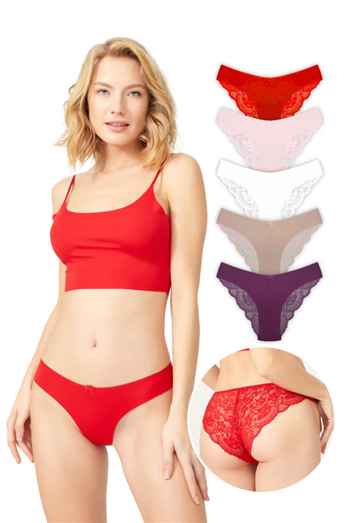 Arkası Dantelli Lazer Kesim Kadın Bikini Külot 5'l