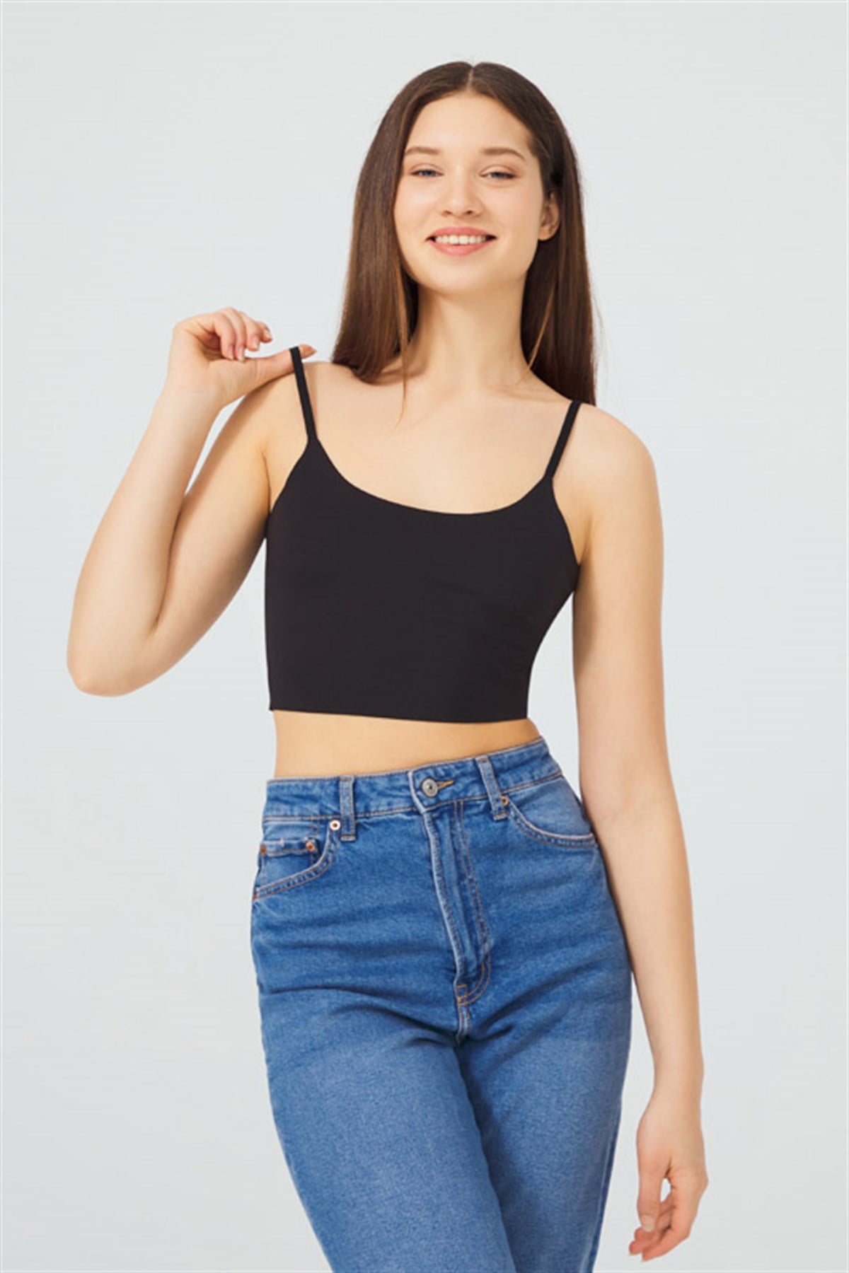 Ayarlanabilir İnce Askılı Lazer Kesim Kadın Crop B