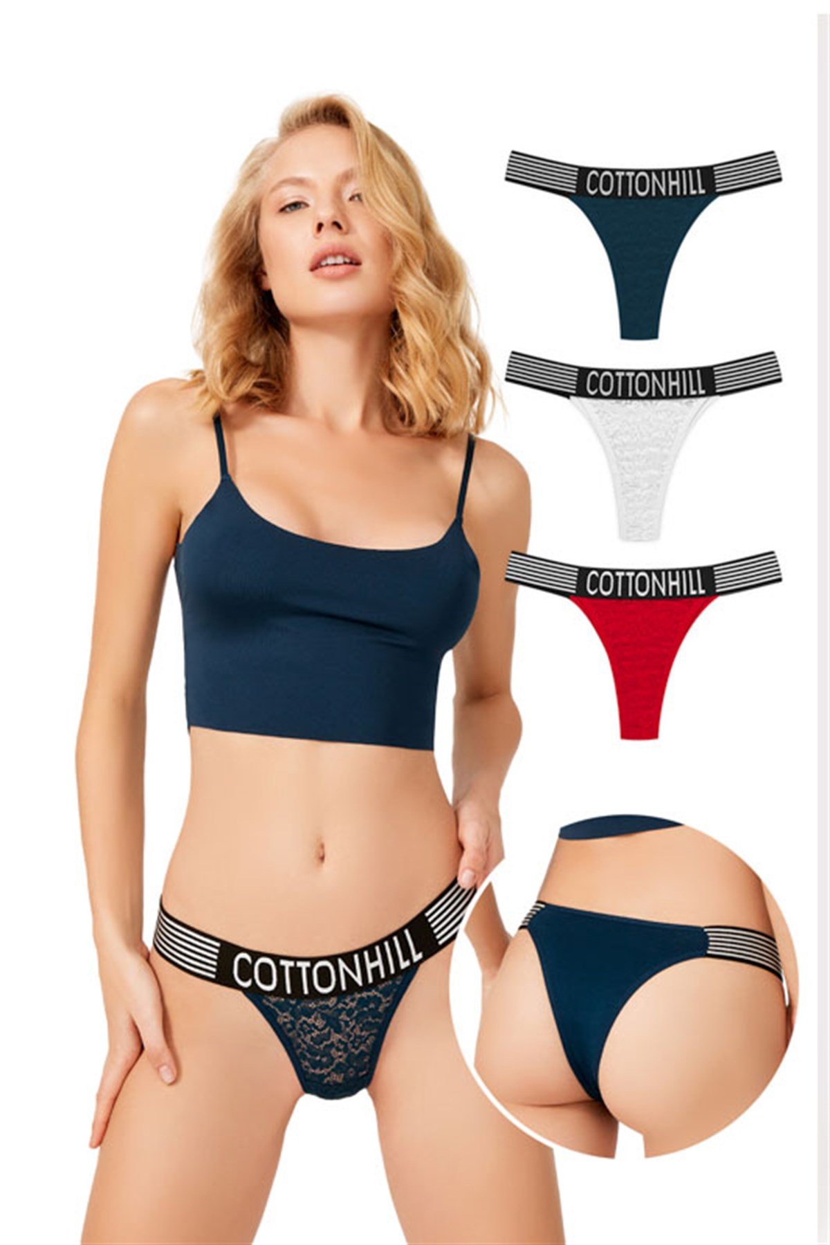 3'lü Paket lacivert dantelli brazilian külot
