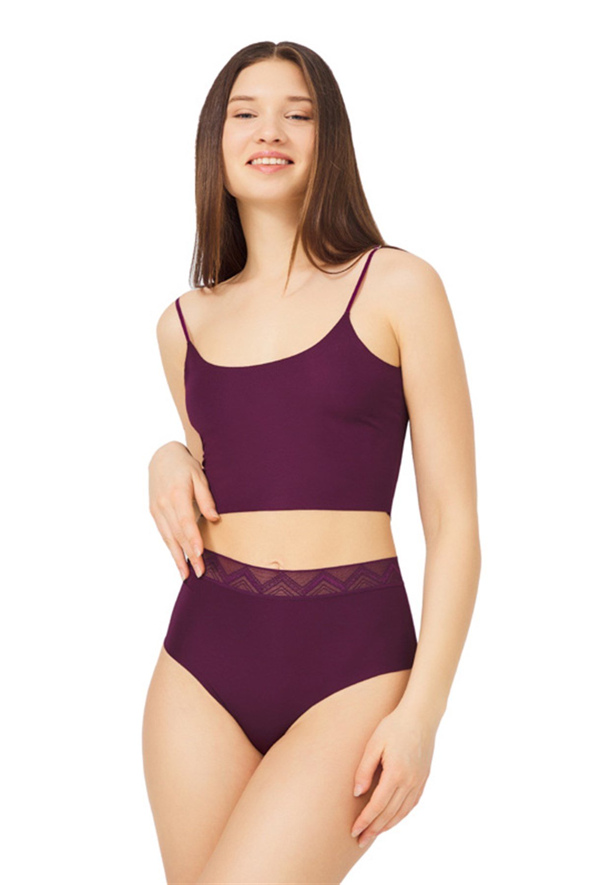 3'lü Paket Basic Yüksek Bel Lazer Kesim Mor Bikini Külot