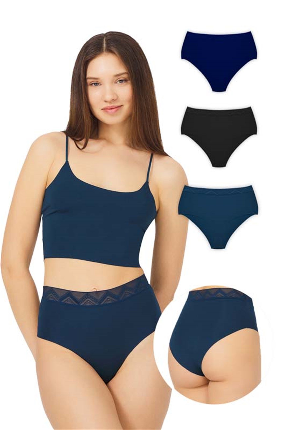 3'lü Paket Yüksek Bel Lazer Kesim Petrol Yeşili Dantelli Bikini Külot