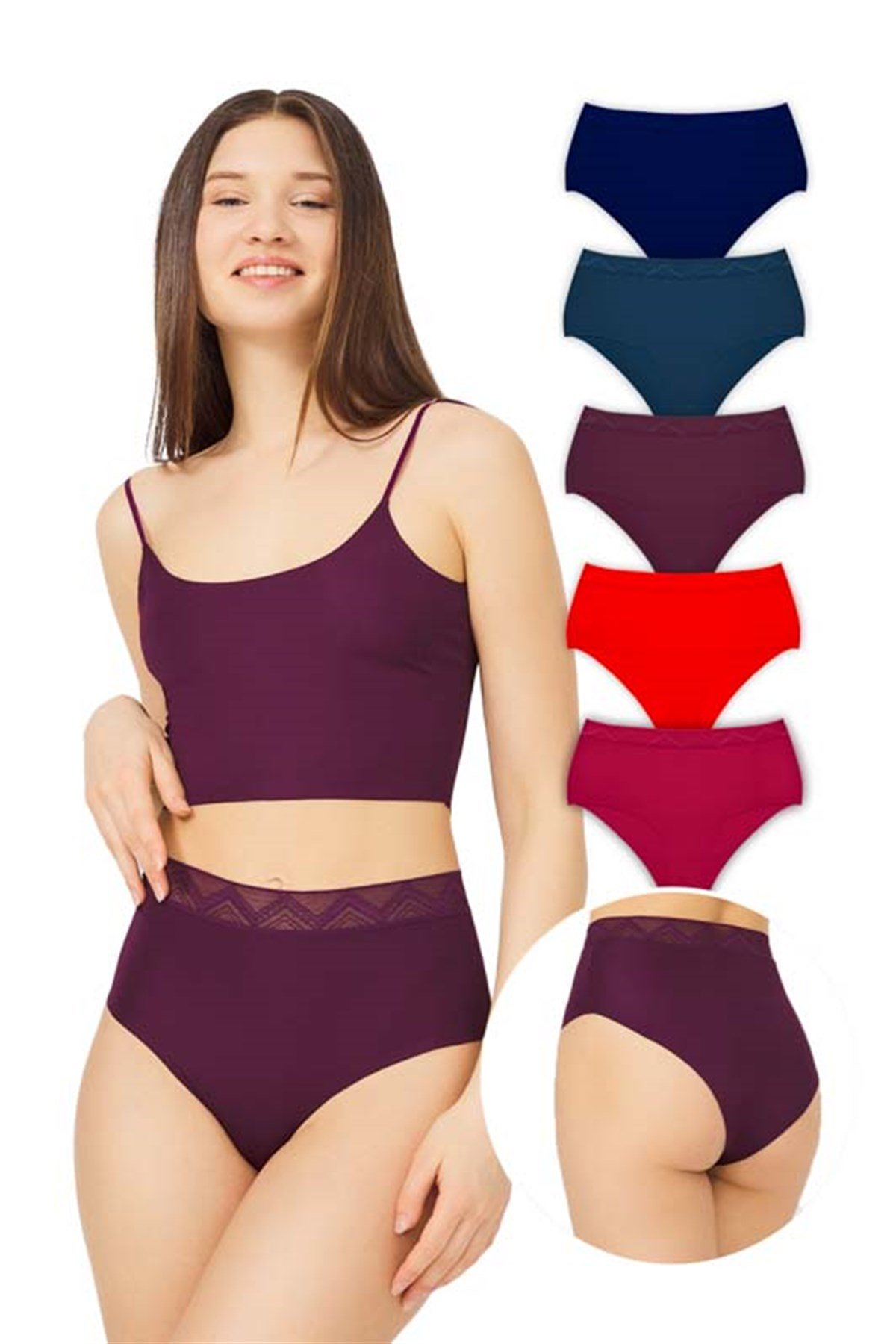 5'li Paket Yüksek Bel Lazer Kesim Bikini Külot