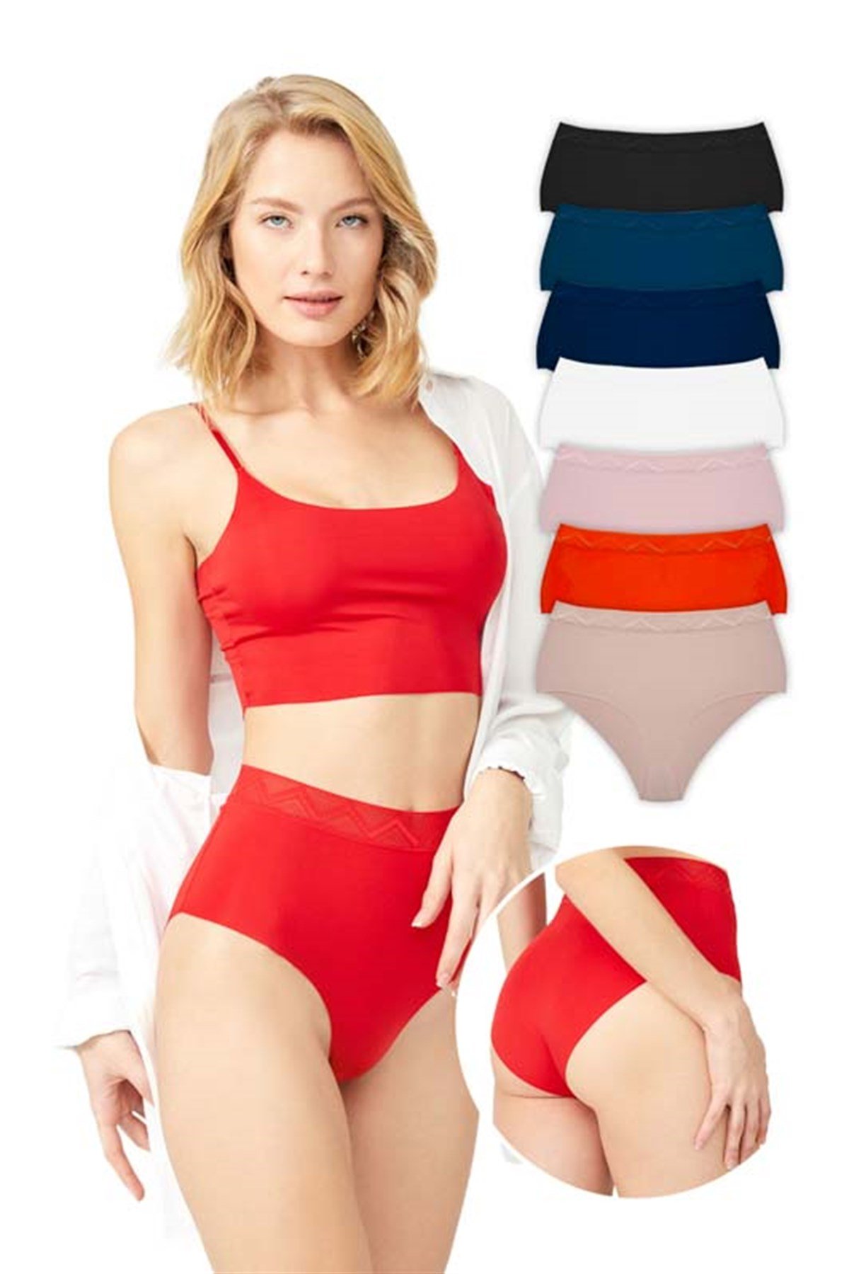 7'li Paket Kırmızı Yüksek Bel Lazer Kesim Bikini Külot