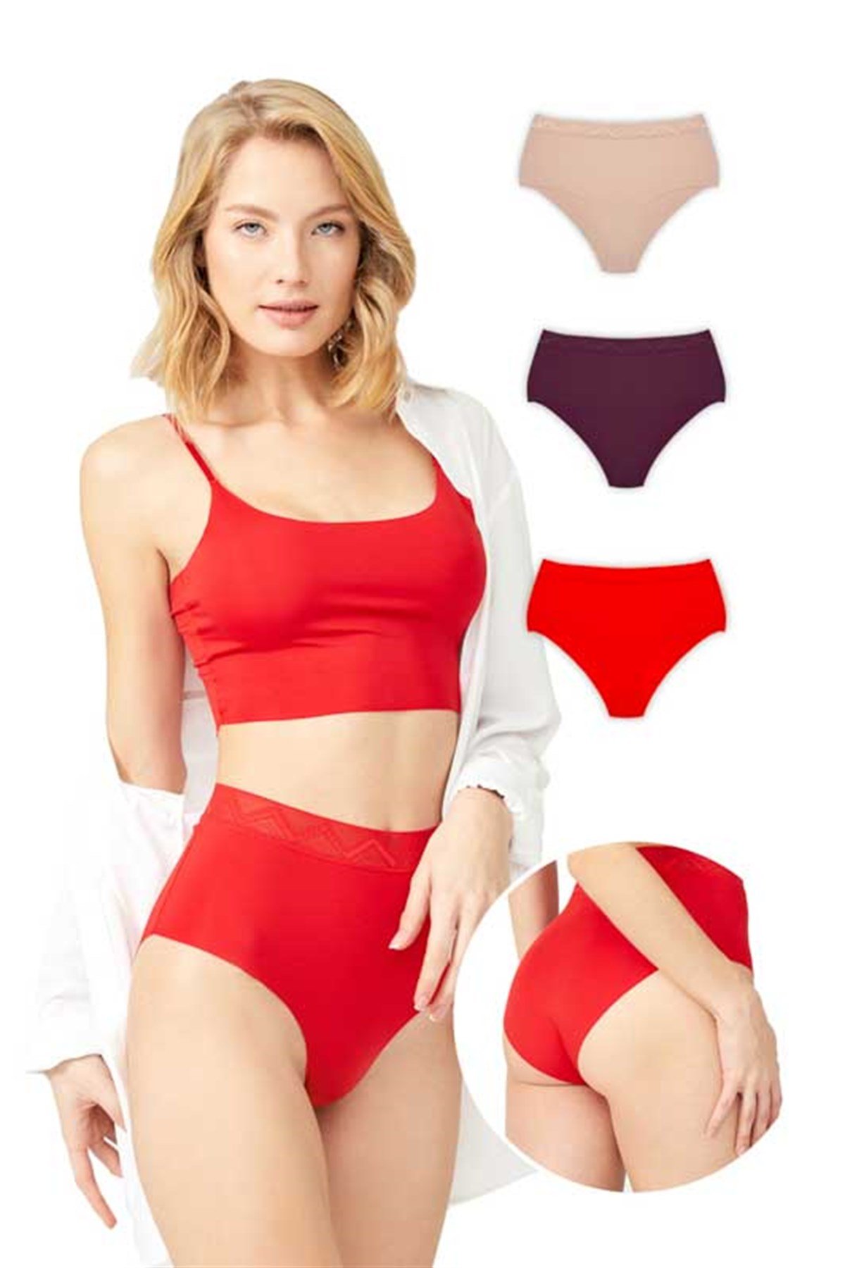 3'lü Paket Basic Yüksek Bel Lazer Kesim Kırmızı Bikini Külot