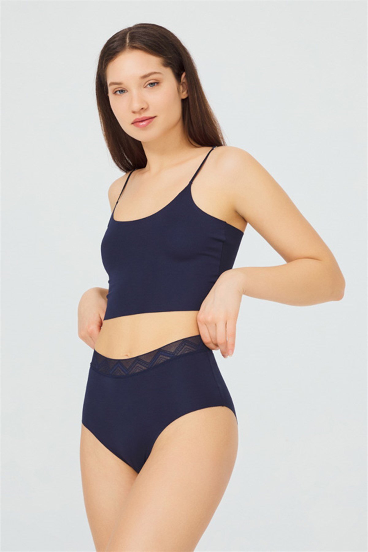 Basic Yüksek Bel Lazer Kesim 7'li Paket Lacivert Bikini Külot