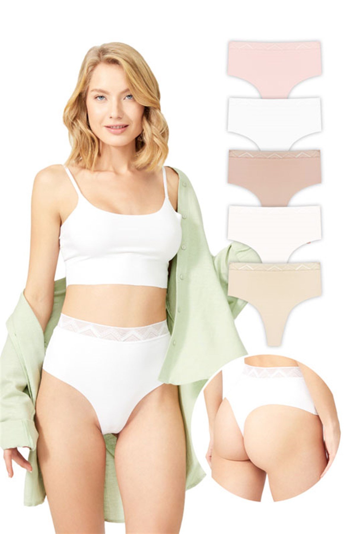 Basic Yüksek Bel Lazer Kesim Tanga Külot 5'li Paket - 2