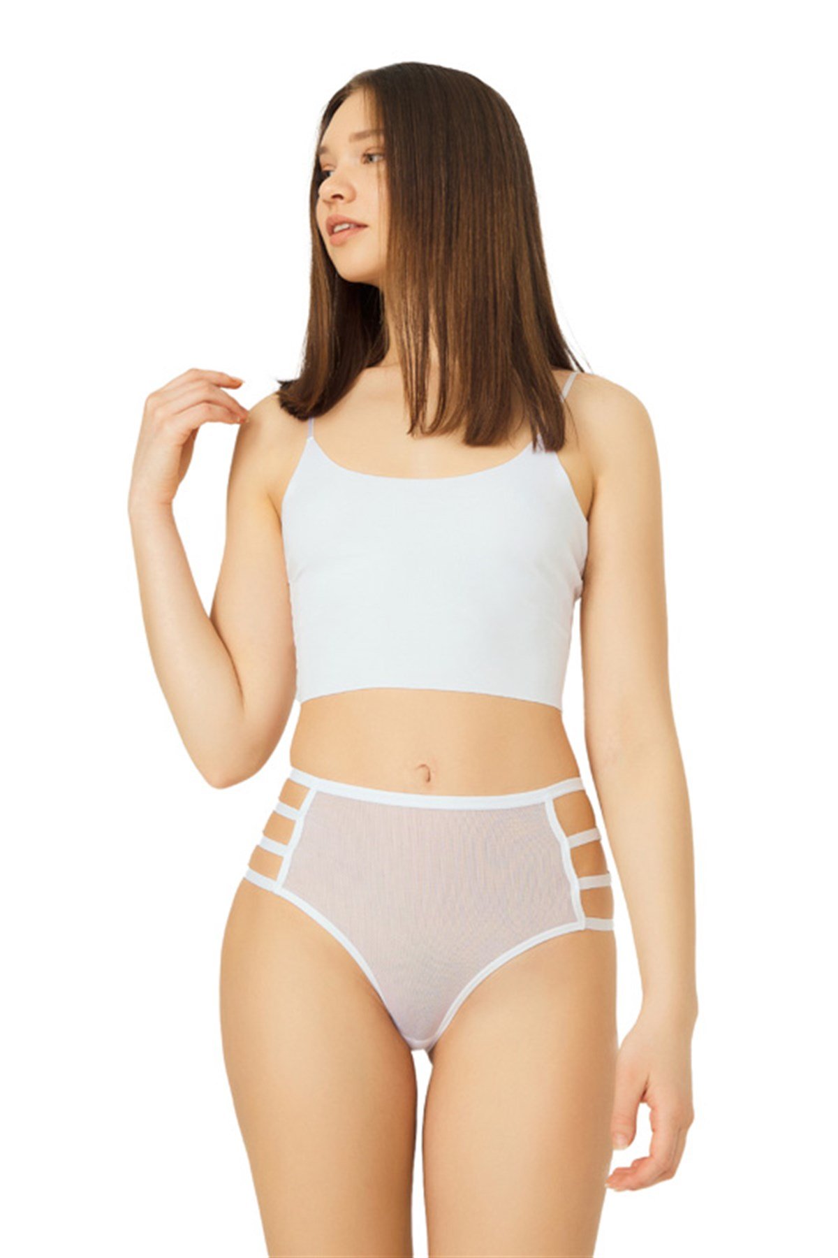 Beyaz Tül Transparan Lastik Detaylı Yüksek Bel Bikini Külot