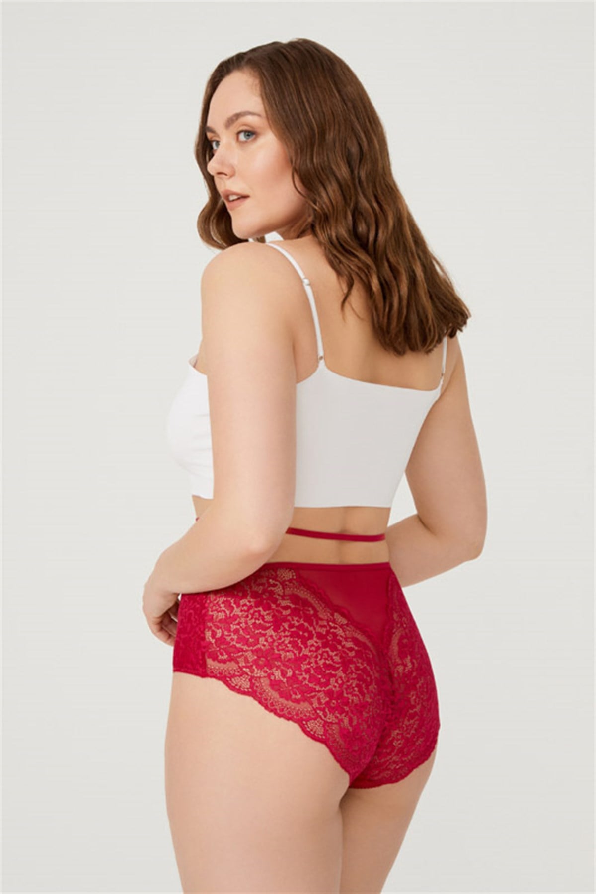 Bordo Önü Tül Arkası Dantelli Büyük Beden Bikini Külot