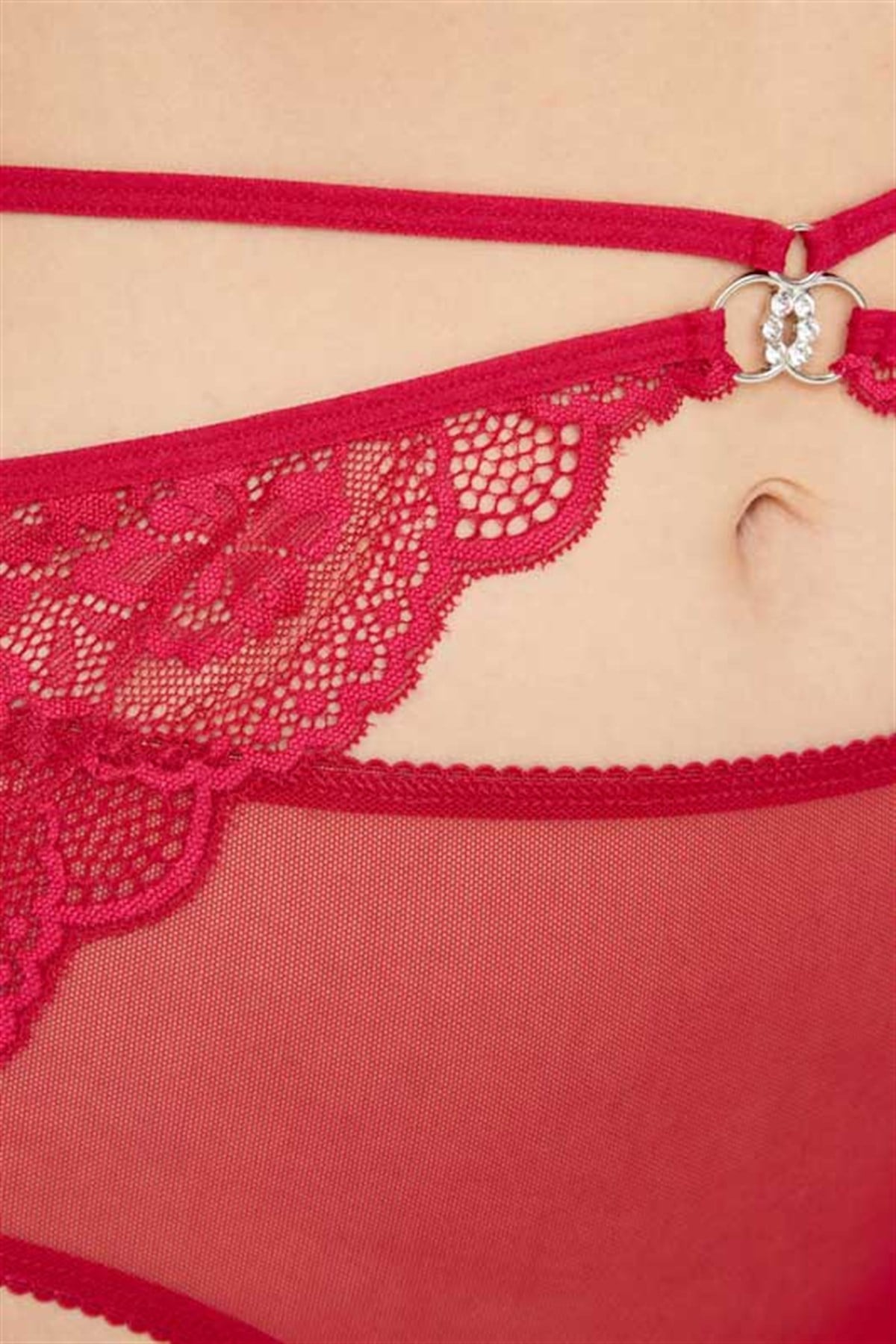 Bordo Önü Tül Arkası Dantelli Büyük Beden Bikini Külot