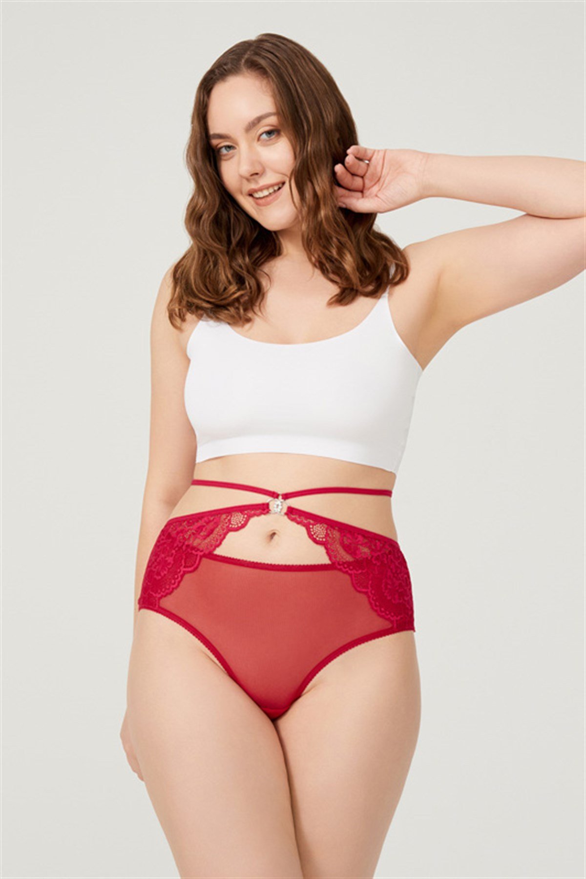 Bordo Önü Tül Arkası Dantelli Büyük Beden Bikini Külot