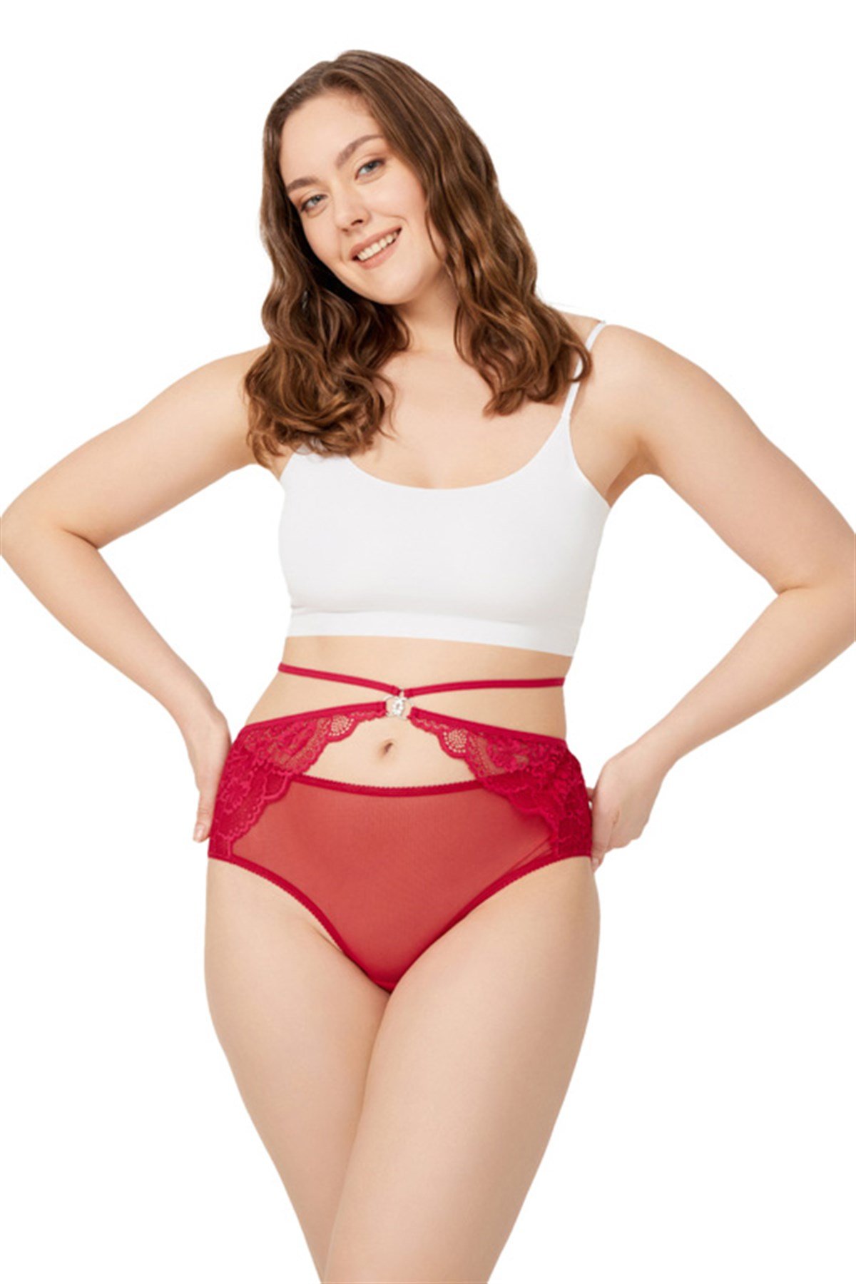 Bordo Önü Tül Arkası Dantelli Büyük Beden Bikini Külot
