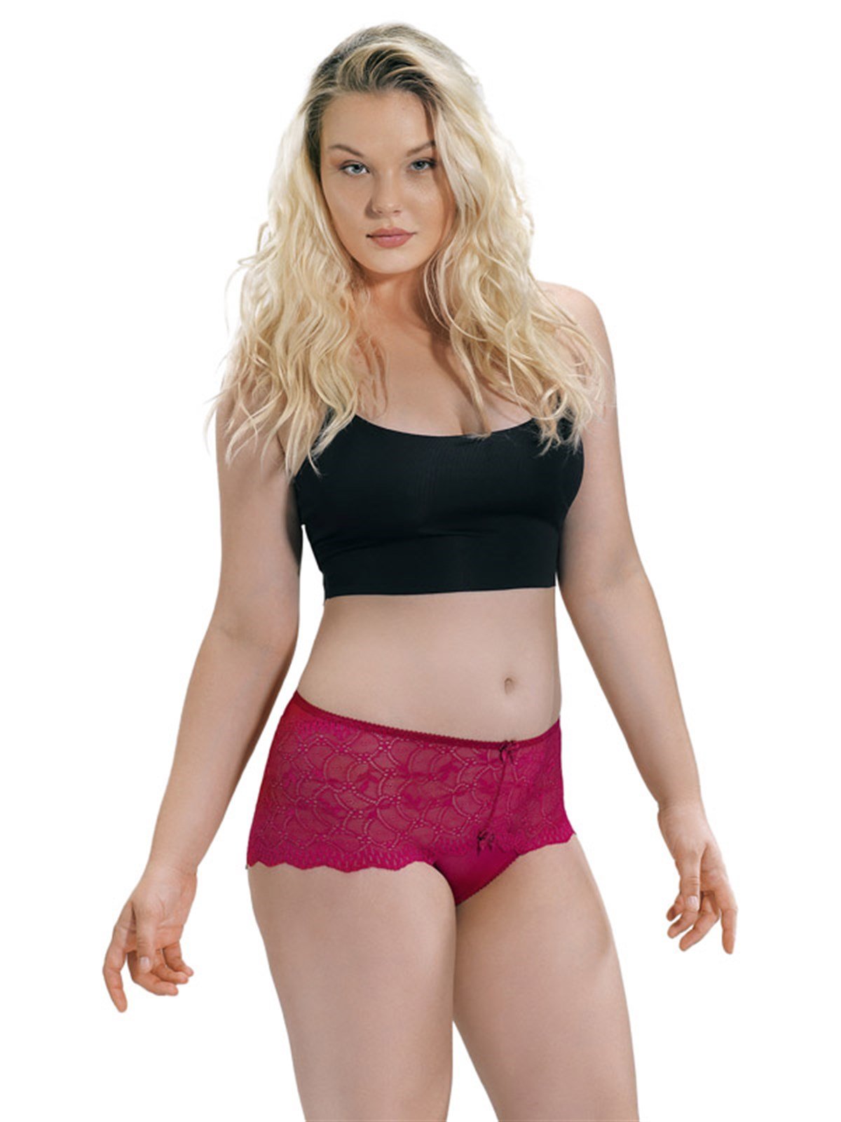 Bordo Transparan Dantel Tül Detayı Büyük Beden Kadın Bikini Külot