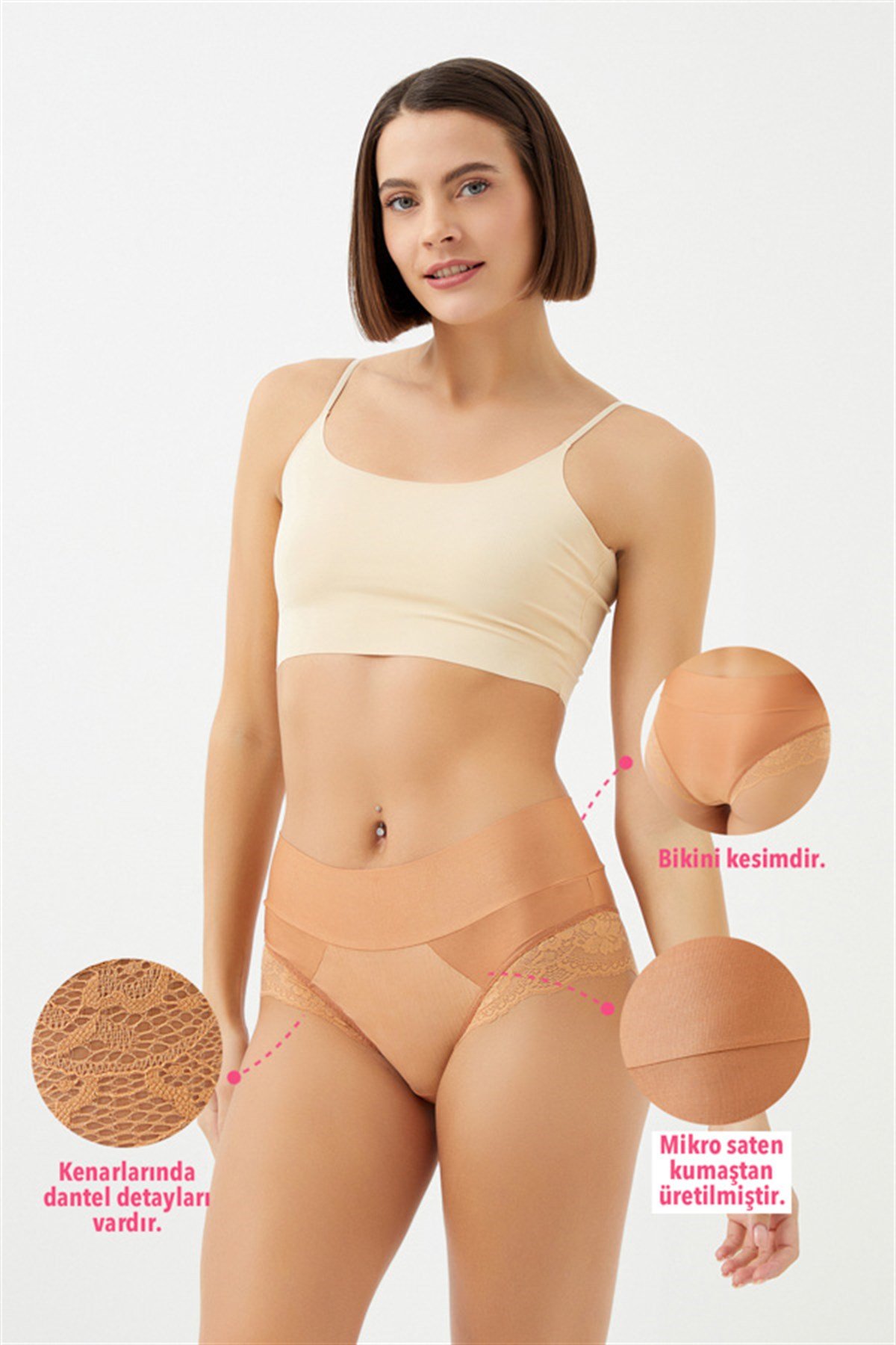 Bronz Dantel Detaylı Mikro Saten Yüksek Bel Kadın Bikini Külot