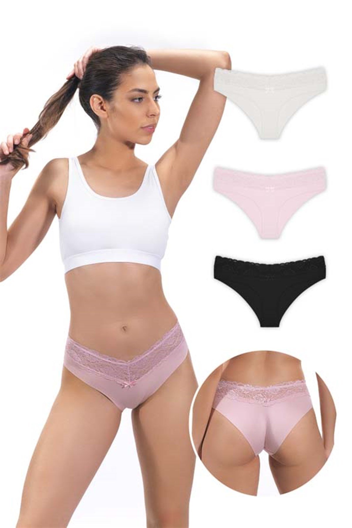 3'lü Paket Dantel Lastikli Lazer Kesim Kadın Hipster Külot