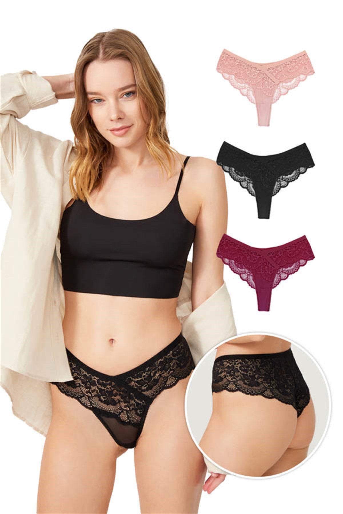Dantelli Transparan Kadın Brezilya Külot 3'lü Paket-2