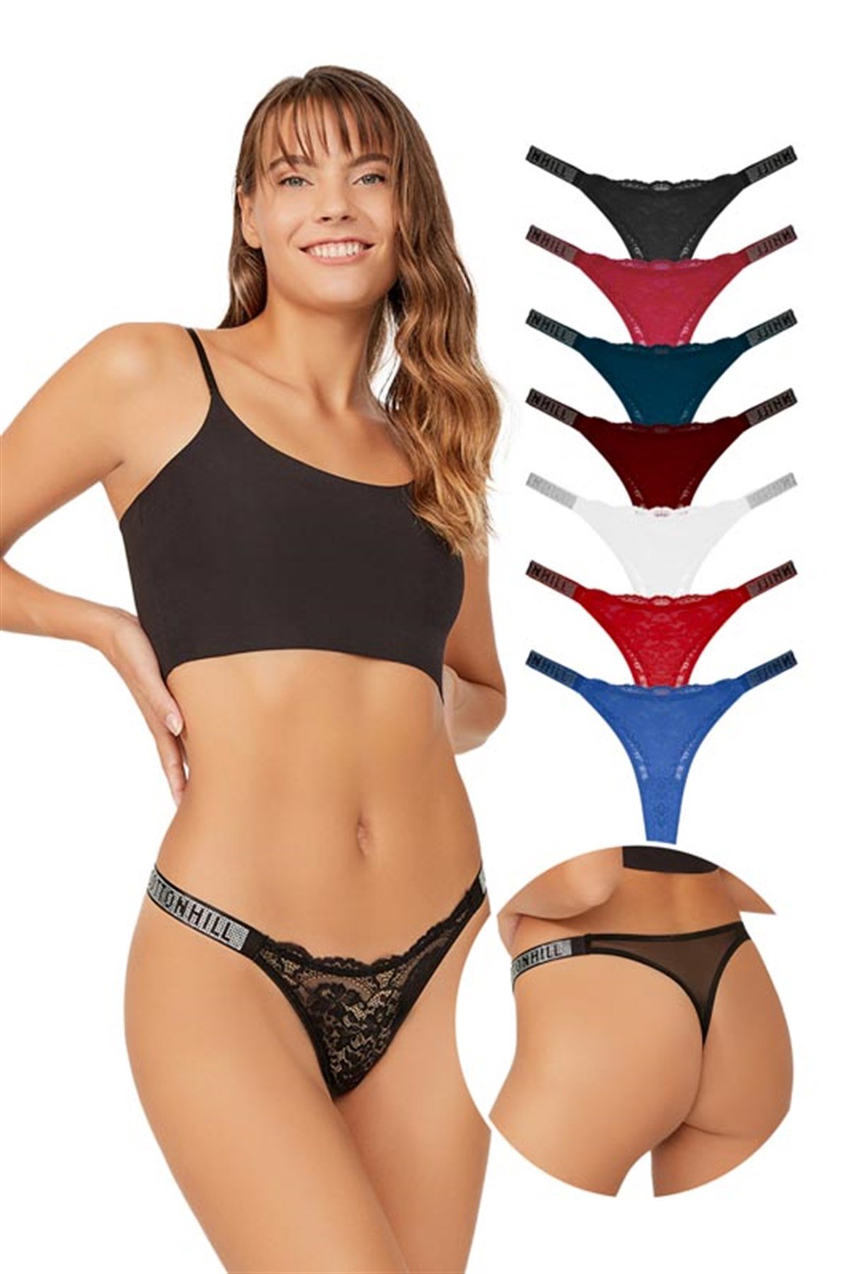 Dantelli Tül Detaylı Taşlı Kadın Tanga 7'li Paket Külot