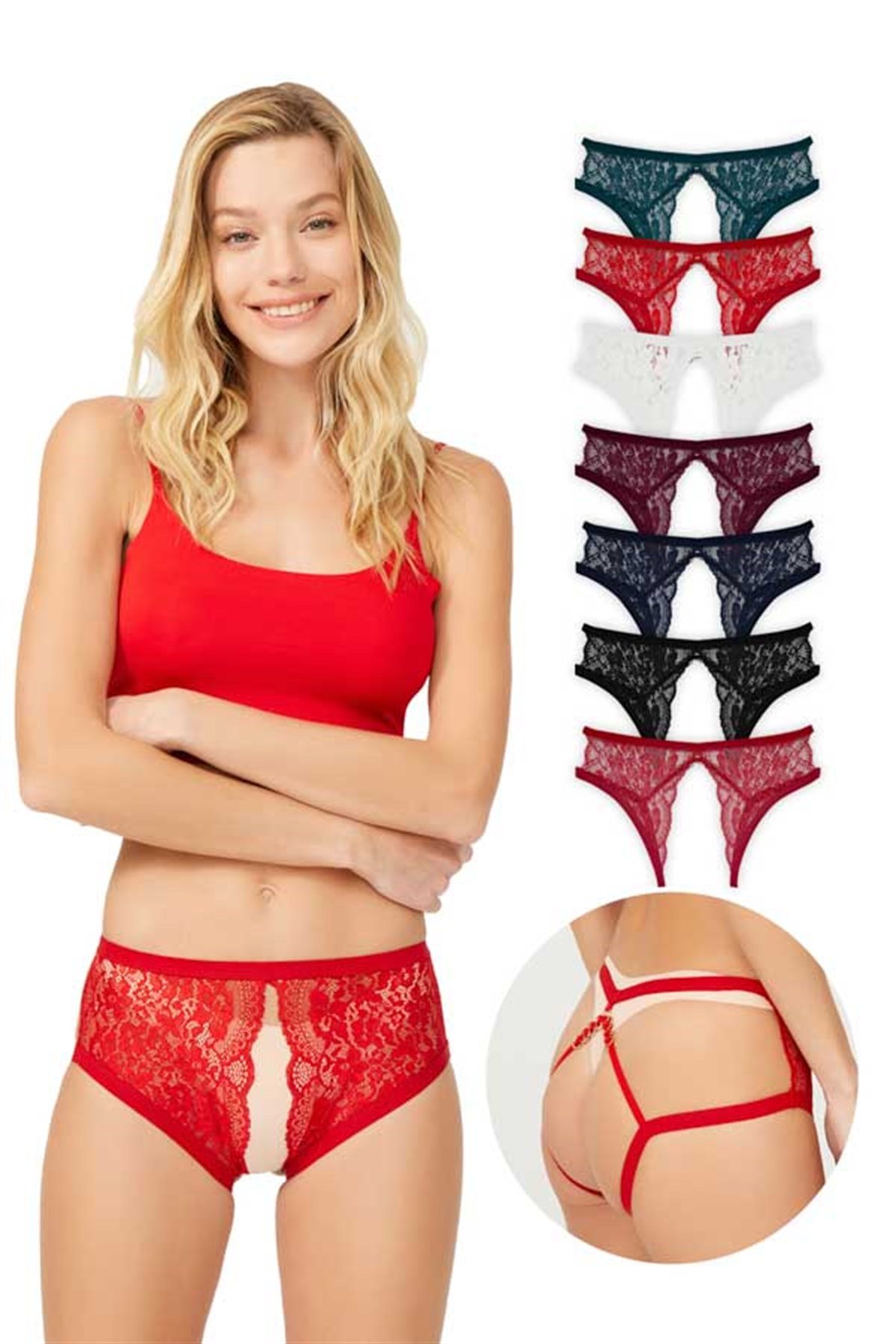 Dantelli Yüksek Bel Özel Bölgesi Açık Brezilya Külot 7'li Paket
