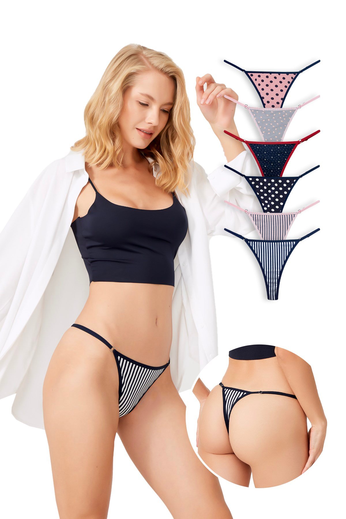Desenli Basic Pamuklu Beli Ayarlanır Tanga Külot 6'lı Paket - 6