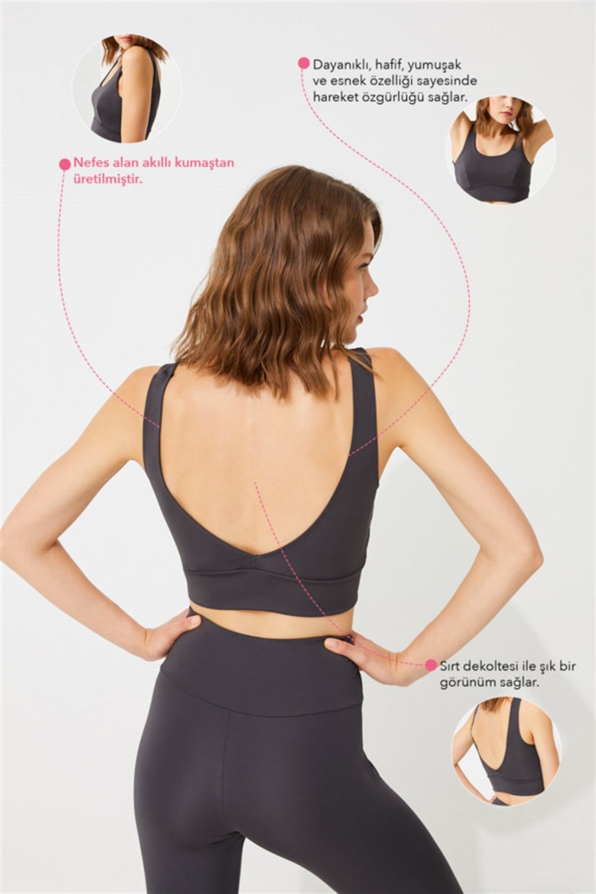 Füme Hafif Destekli Sırt Detaylı Kaplı Crop Top Büstiyer