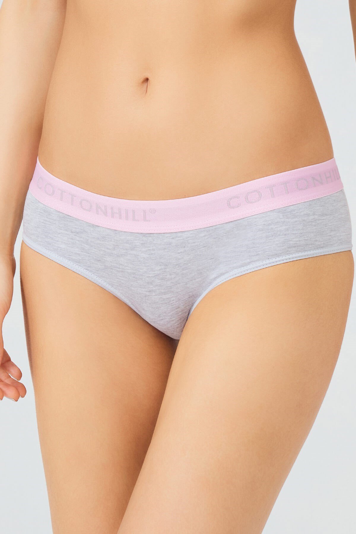 Gri Pamuklu Pembe Lastikli Basic Kadın Hipster Külot