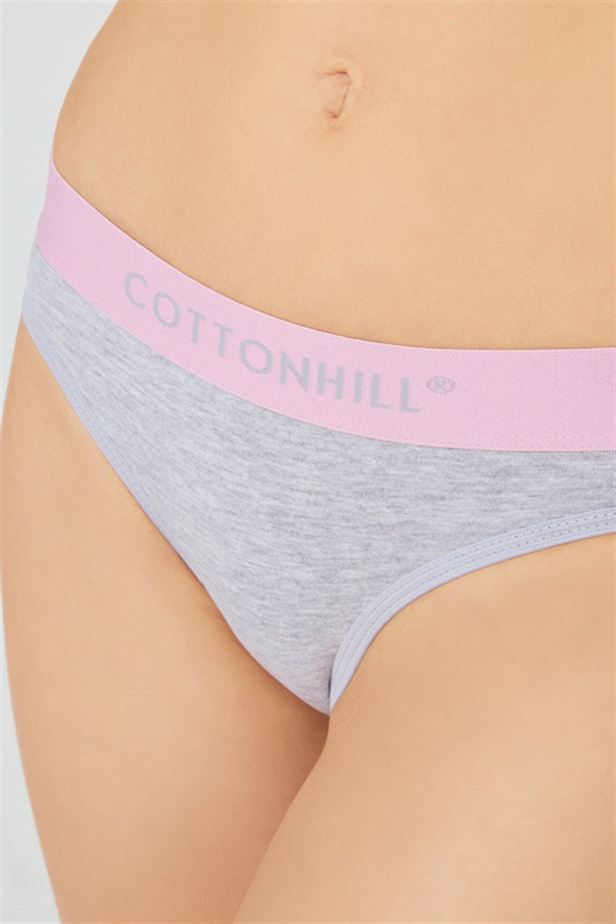 Gri Pamuklu Pembe Lastikli Basic Kadın Bikini Külot