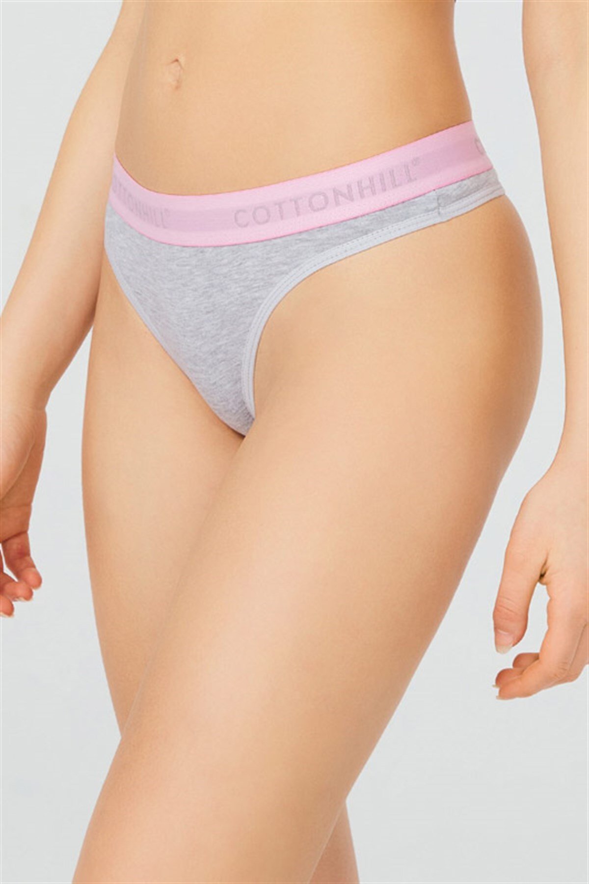 Gri Pamuklu Pembe Lastikli Basic Kadın Tanga Külot