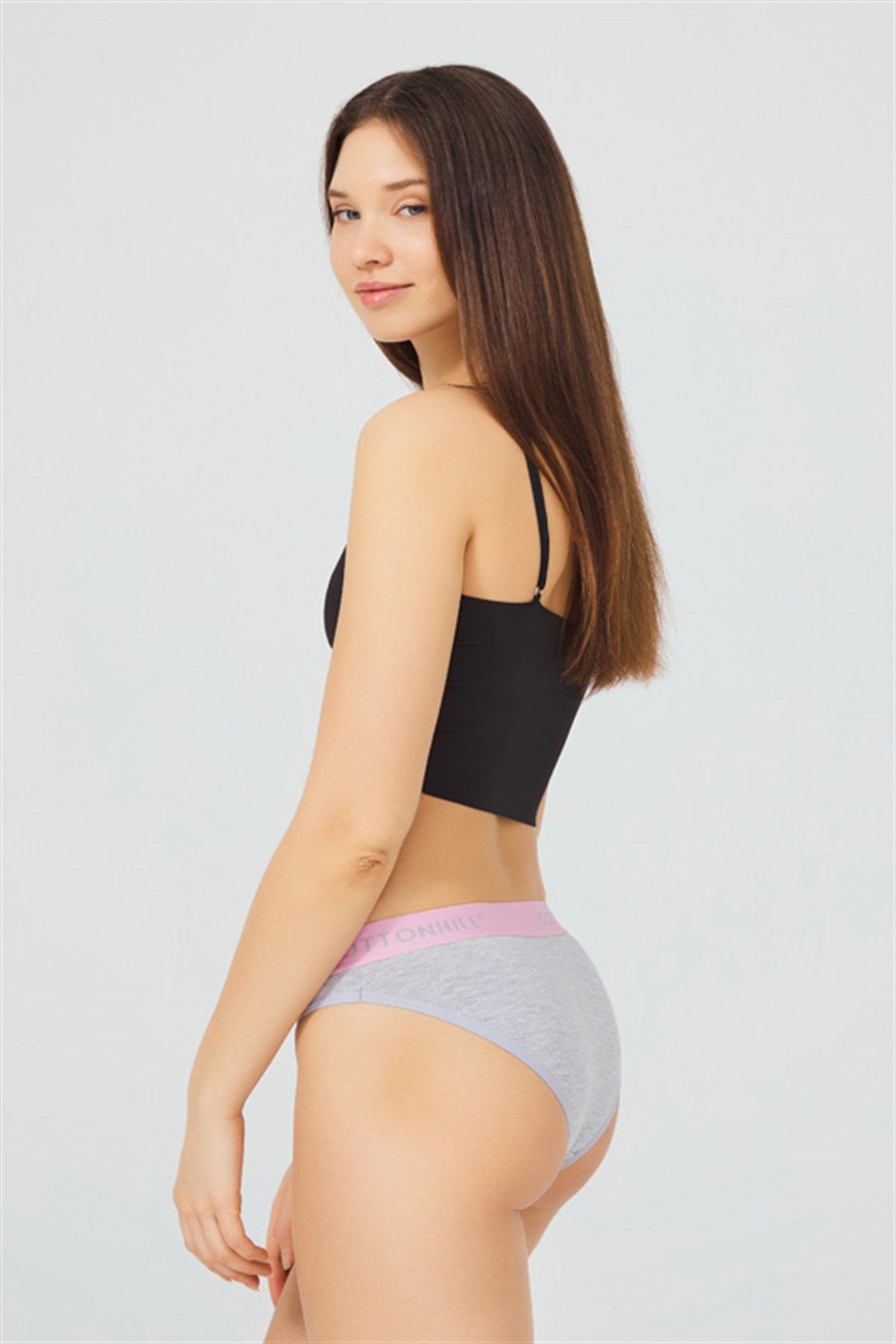 Gri Pamuklu Pembe Lastikli Basic Kadın Bikini Külot