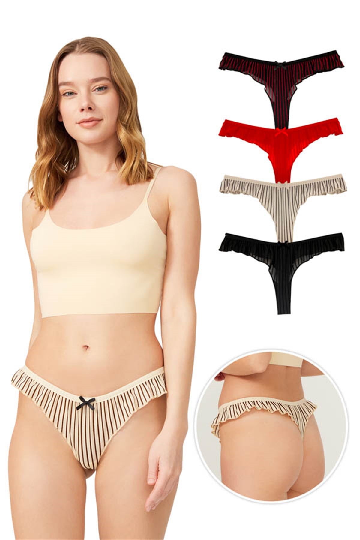 Kadife Baskılı Pileli Transparan 4'lü Paket Tanga Külot