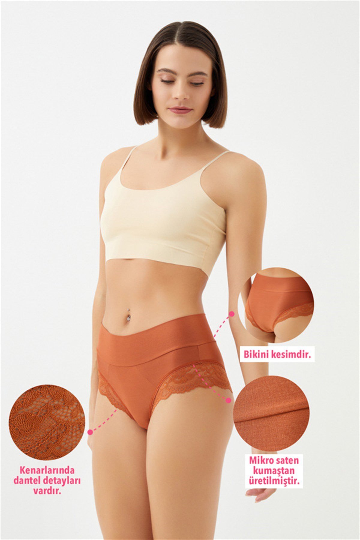 Kiremit Dantel Detaylı Mikro Saten Yüksek Bel Kadın Bikini Külot