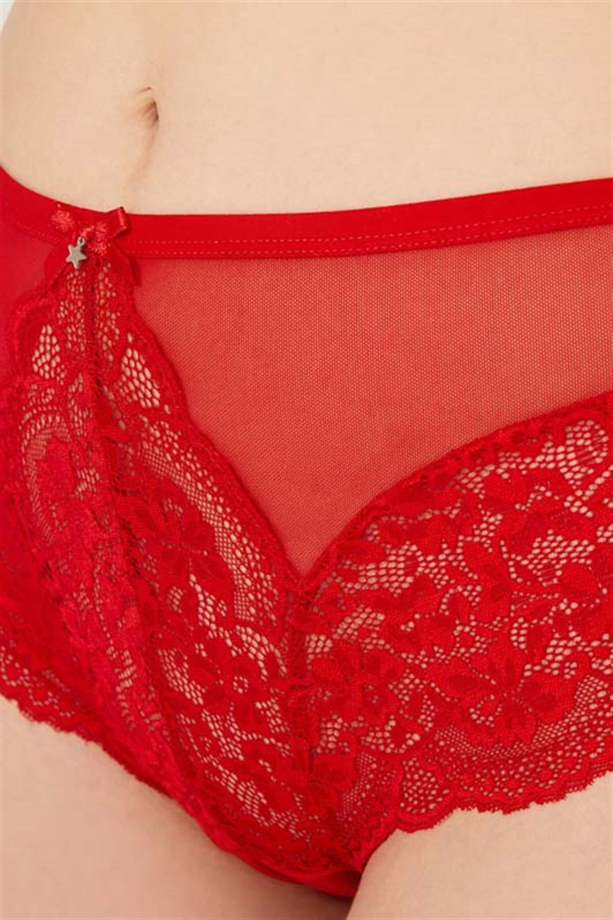 Kırmızı Dantel Detaylı Arkası Tül Büyük Beden Bikini Külot