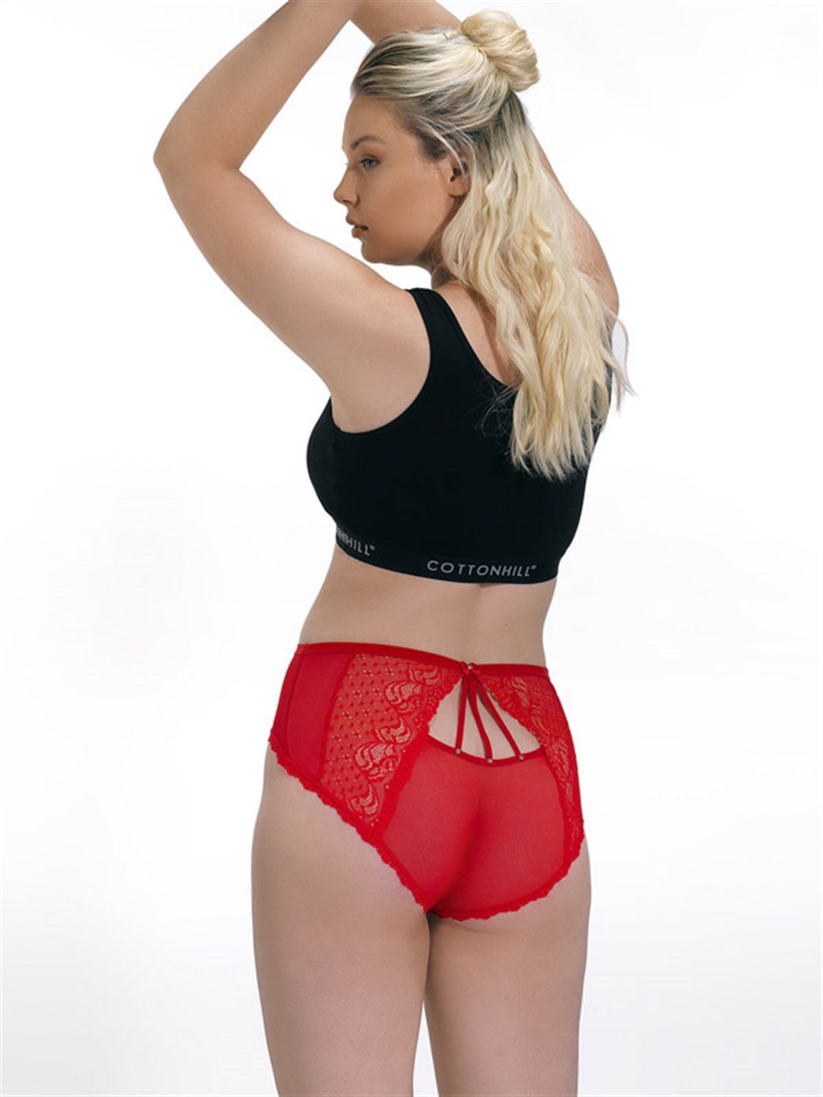 Kırmızı Dantel ve İp Detaylı Büyük Beden Kadın Bikini Külot
