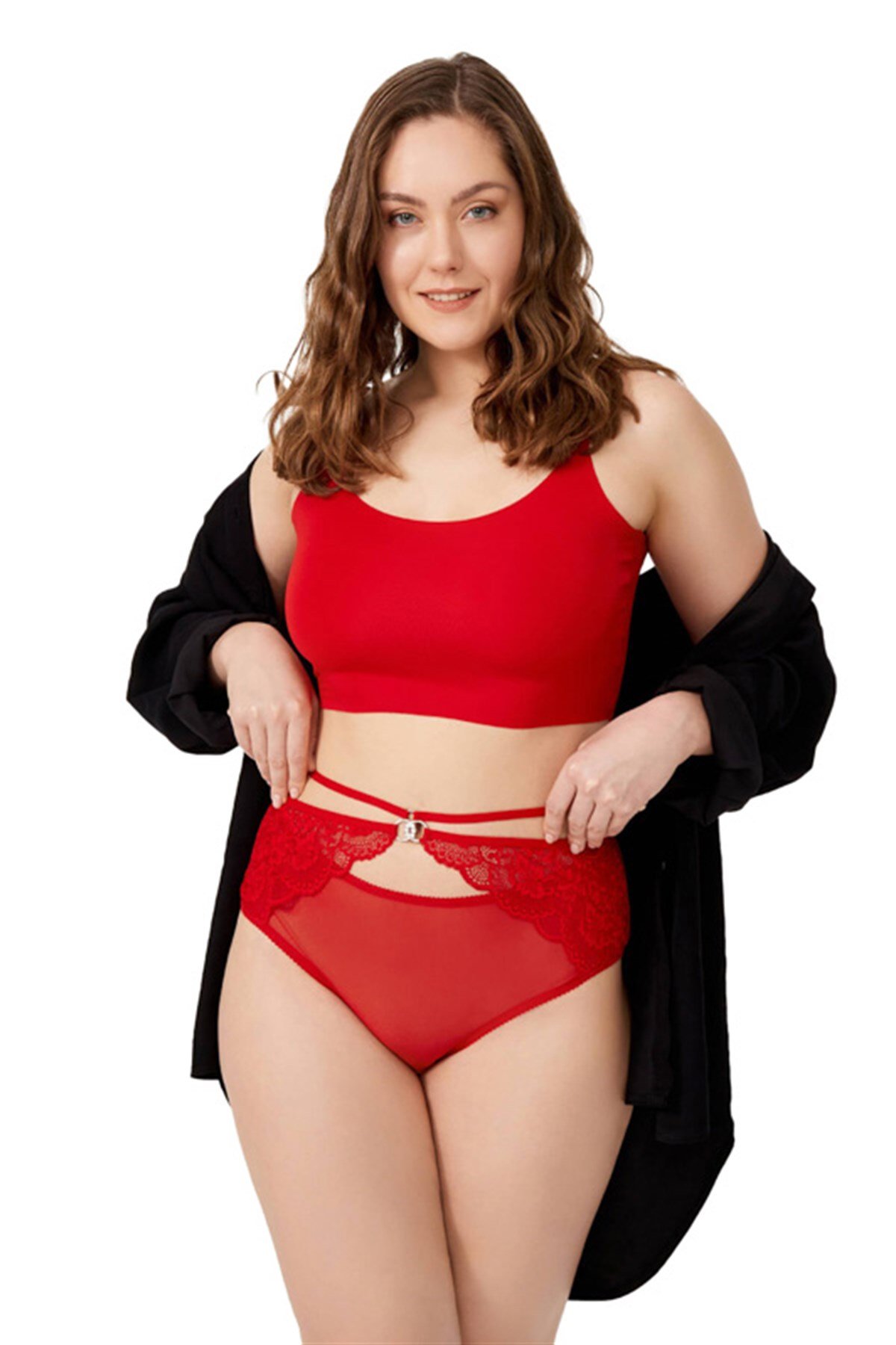 Kırmızı Önü Tül Arkası Dantelli Büyük Beden Bikini Külot