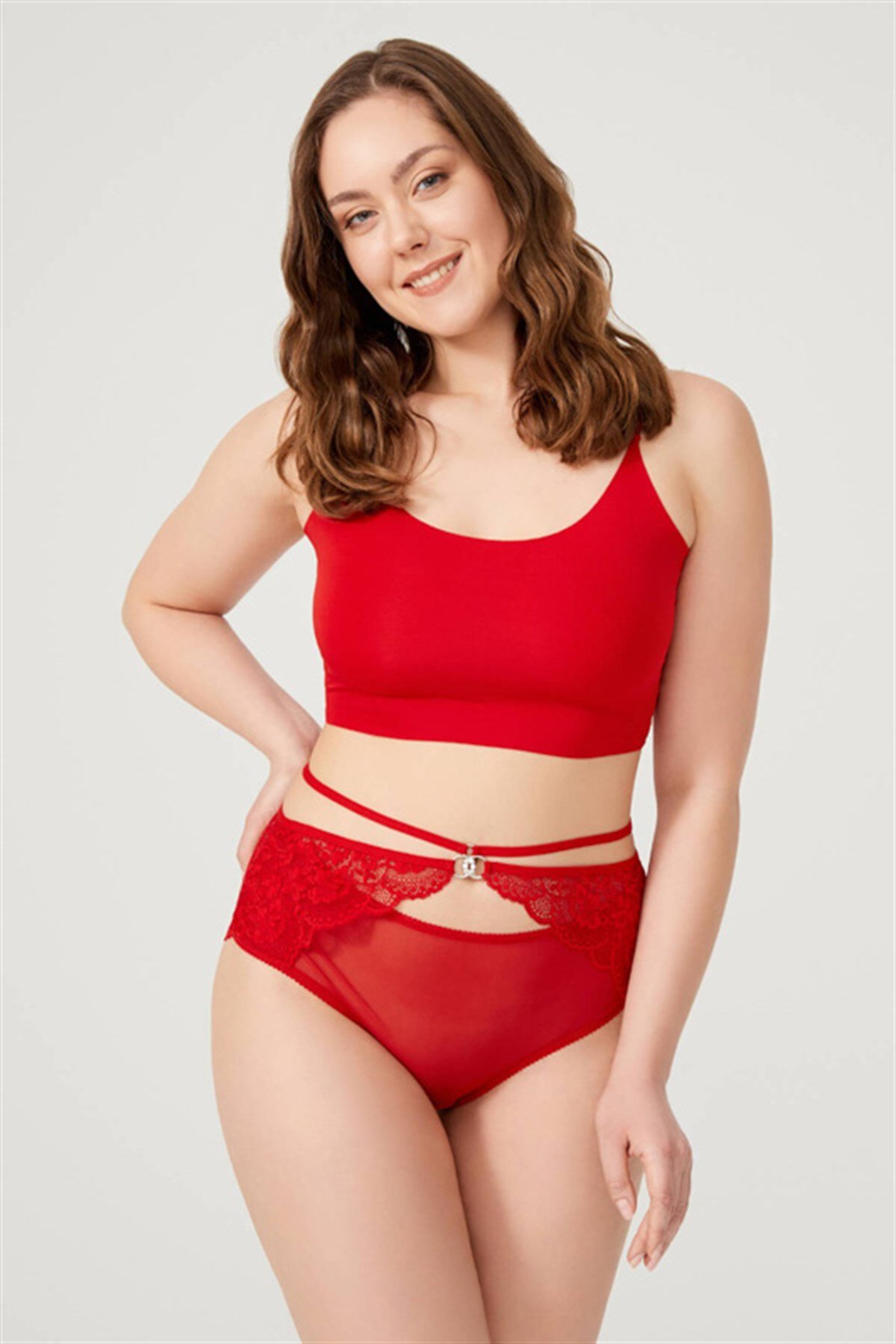 Kırmızı Önü Tül Arkası Dantelli Büyük Beden Bikini Külot