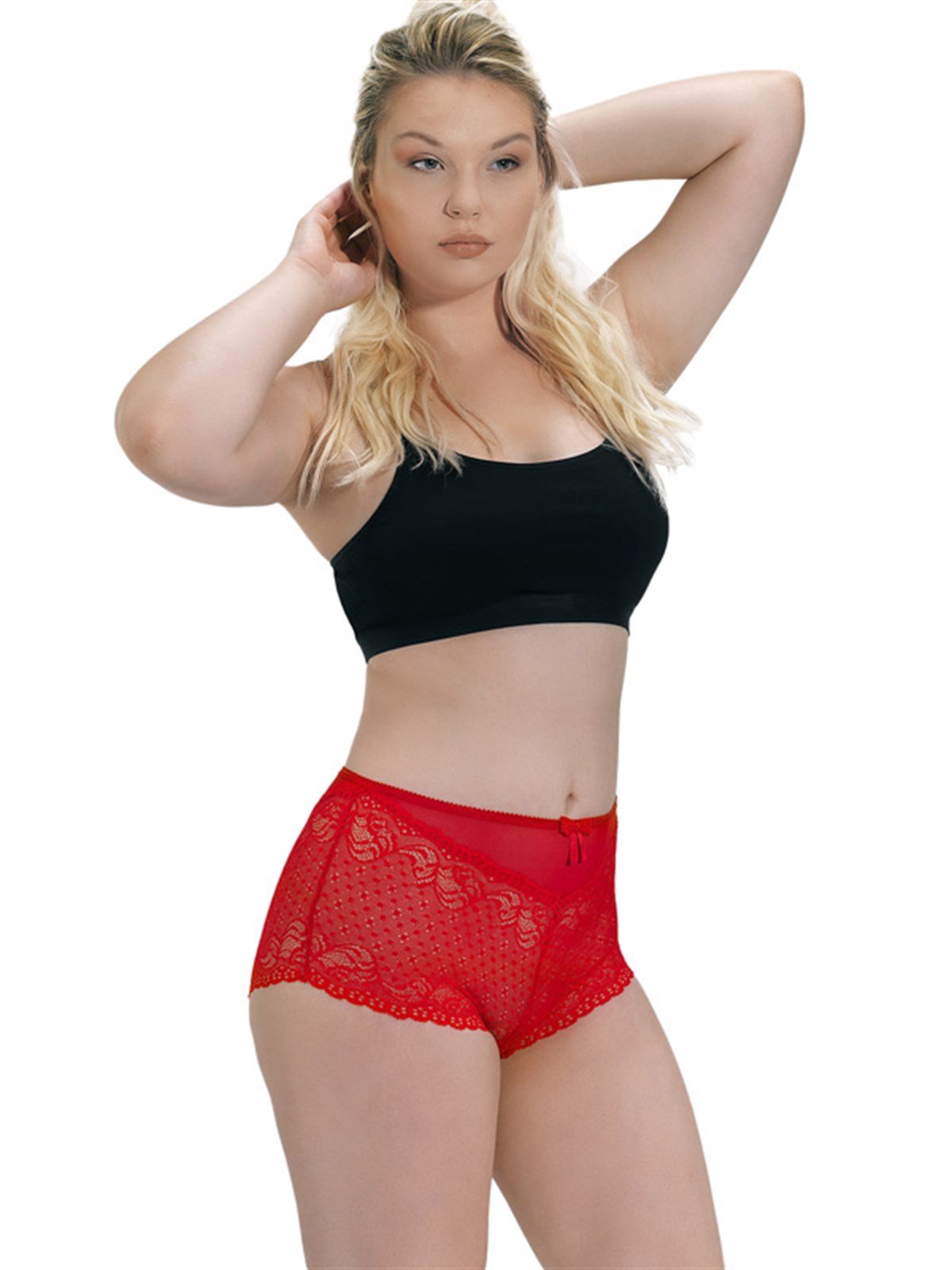 Kırmızı Transparan Dantelli Esnek Büyük Beden Kadın Bikini Külot