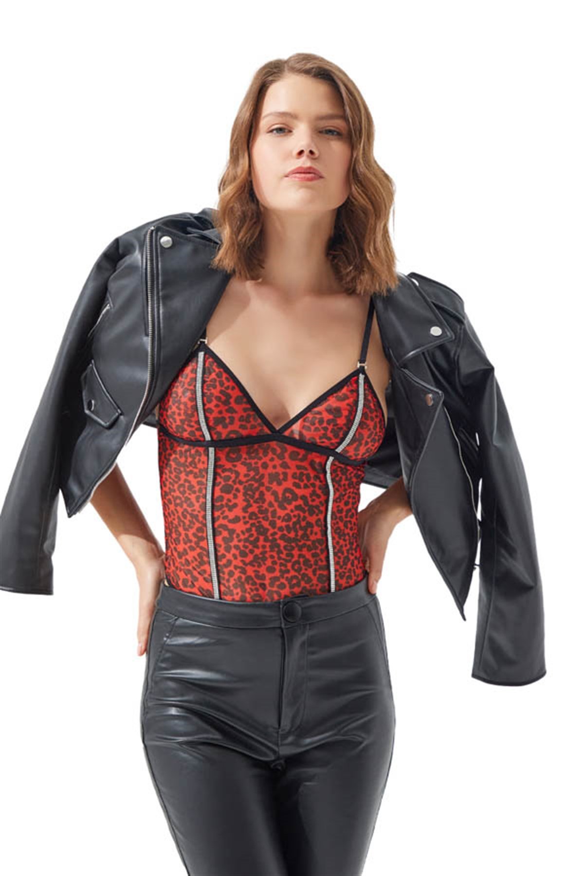 Kırmızı Transparan Desenli Ayarlanabilir Askılı Taşlı Bodysuit