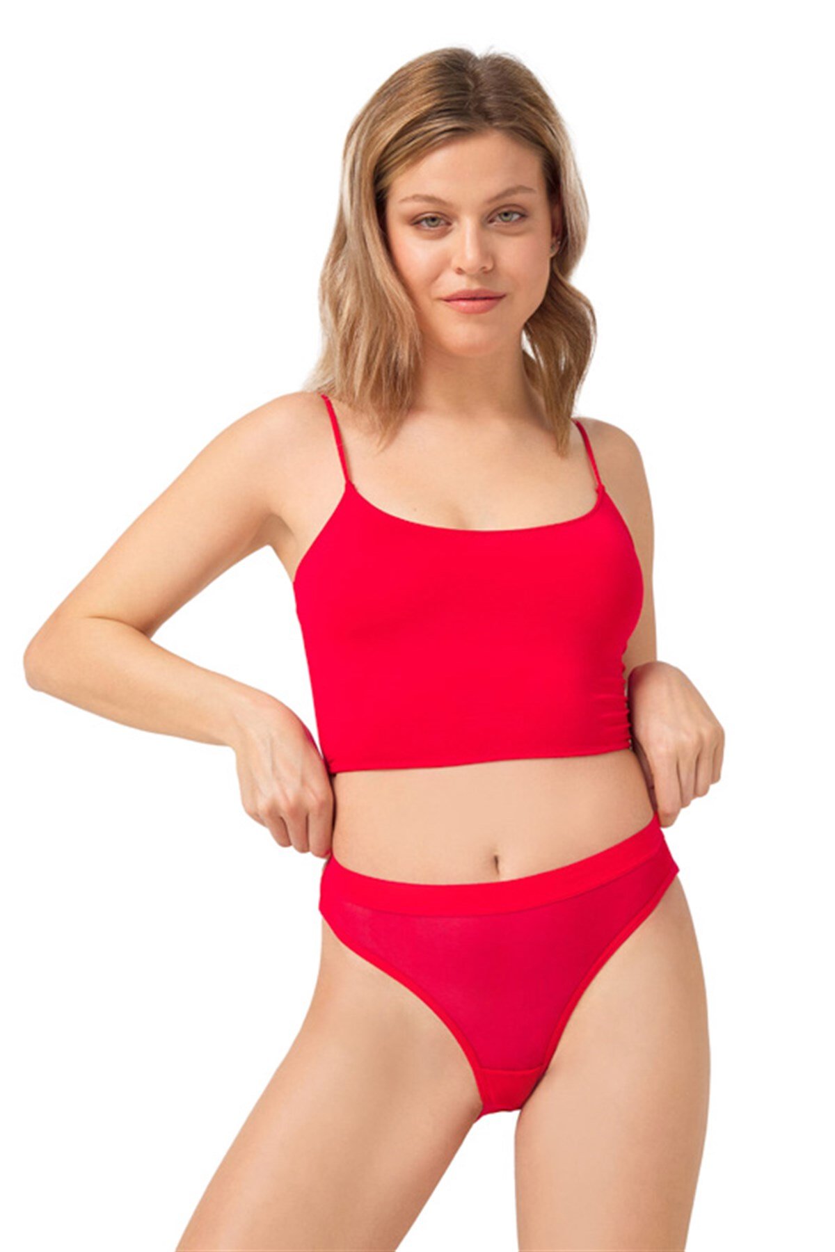 Kırmızı Transparan Lastik Detaylı Taş İşlemeli Kadın Bikini Külot